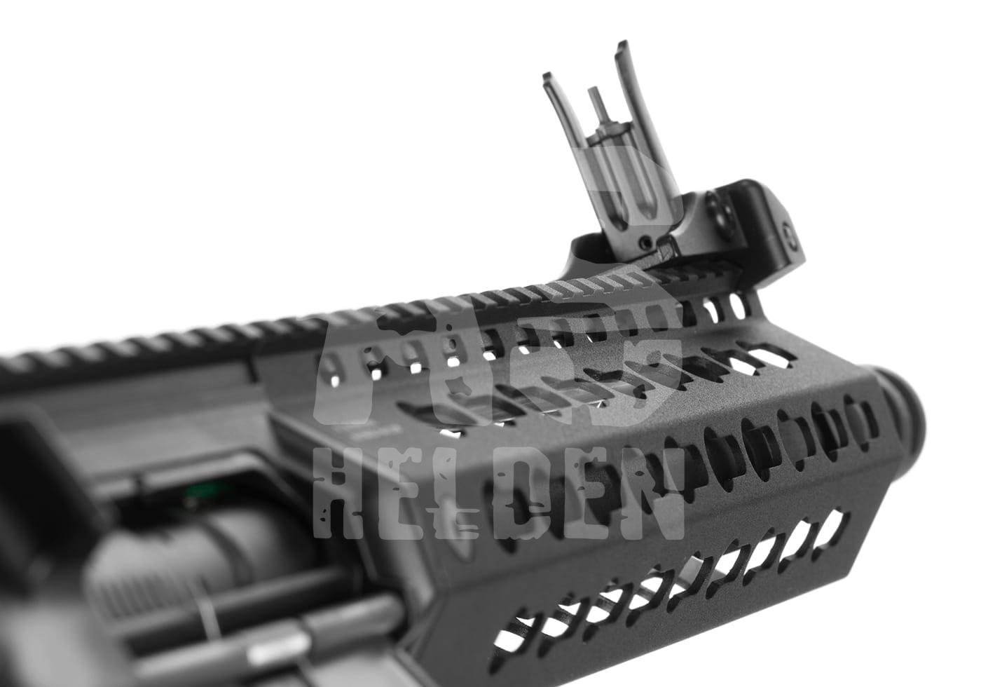 G&G GC16 E.T.U. SRL S-AEG - ab 18 Jahren Nahaufnahme eines Airsoft-Gewehr-Handschutzes mit aufmontiertem Visier.