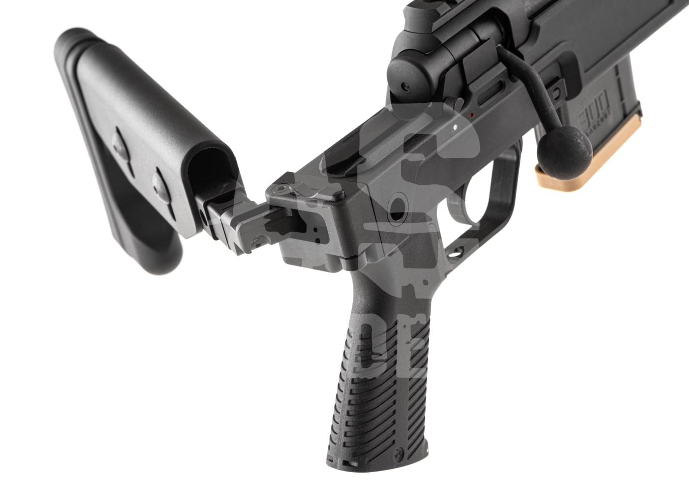 Archwick B&T SPR 300 Pro 2.8J - ab 18 Jahren Airsoft-Gewehr mit klappbarer Schulterstütze und taktischem Griff, Magazin gut sichtbar.