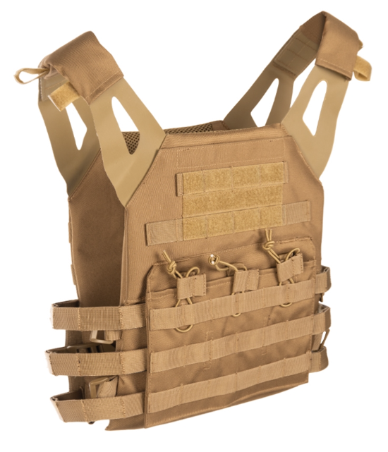 Brauner taktischer Plattenträger mit MOLLE-System und Klettflächen für Airsoft-Zubehör.