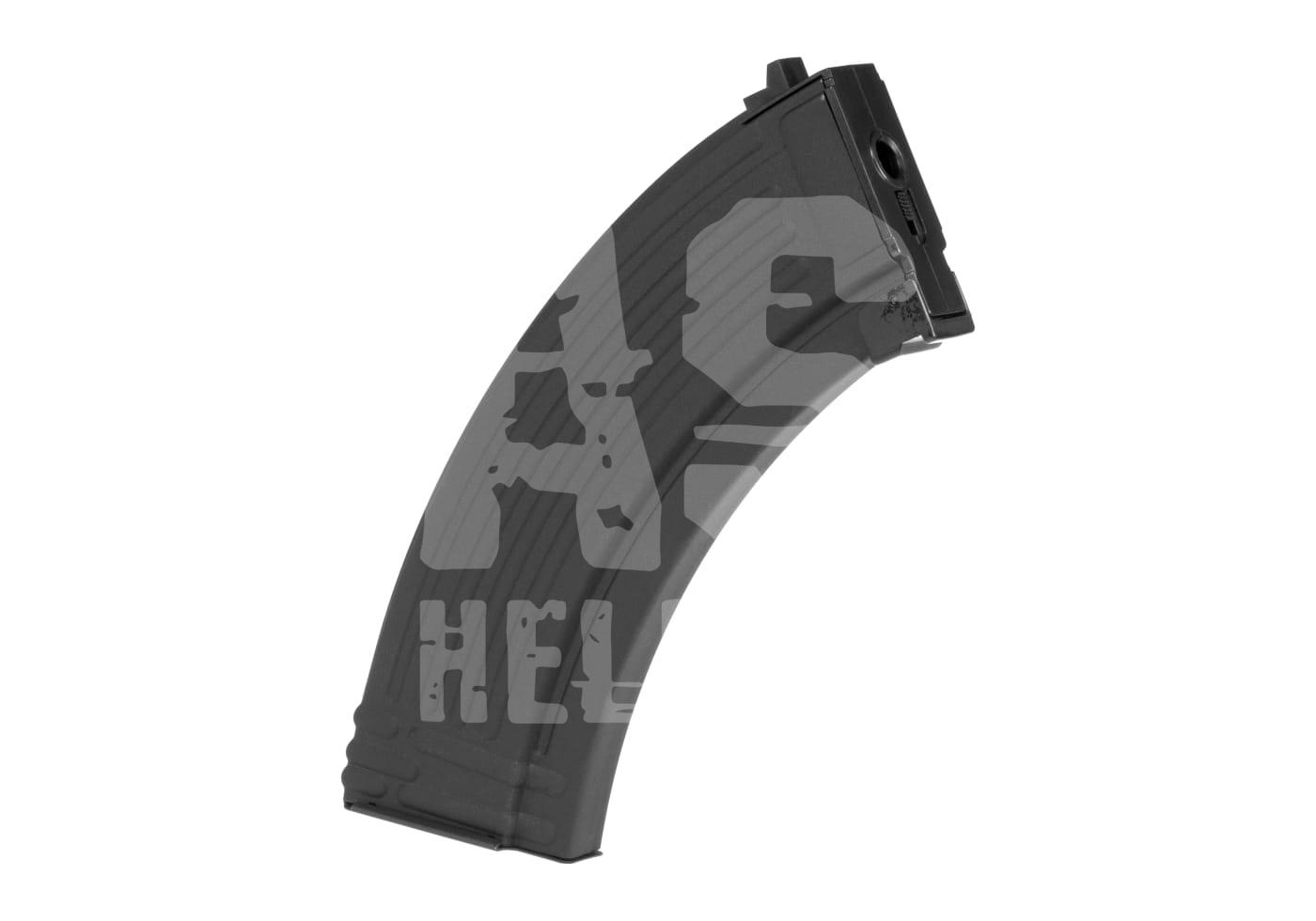 Schwarzes Airsoft AK-Magazin, gebogenes Design, seitliche Ansicht.