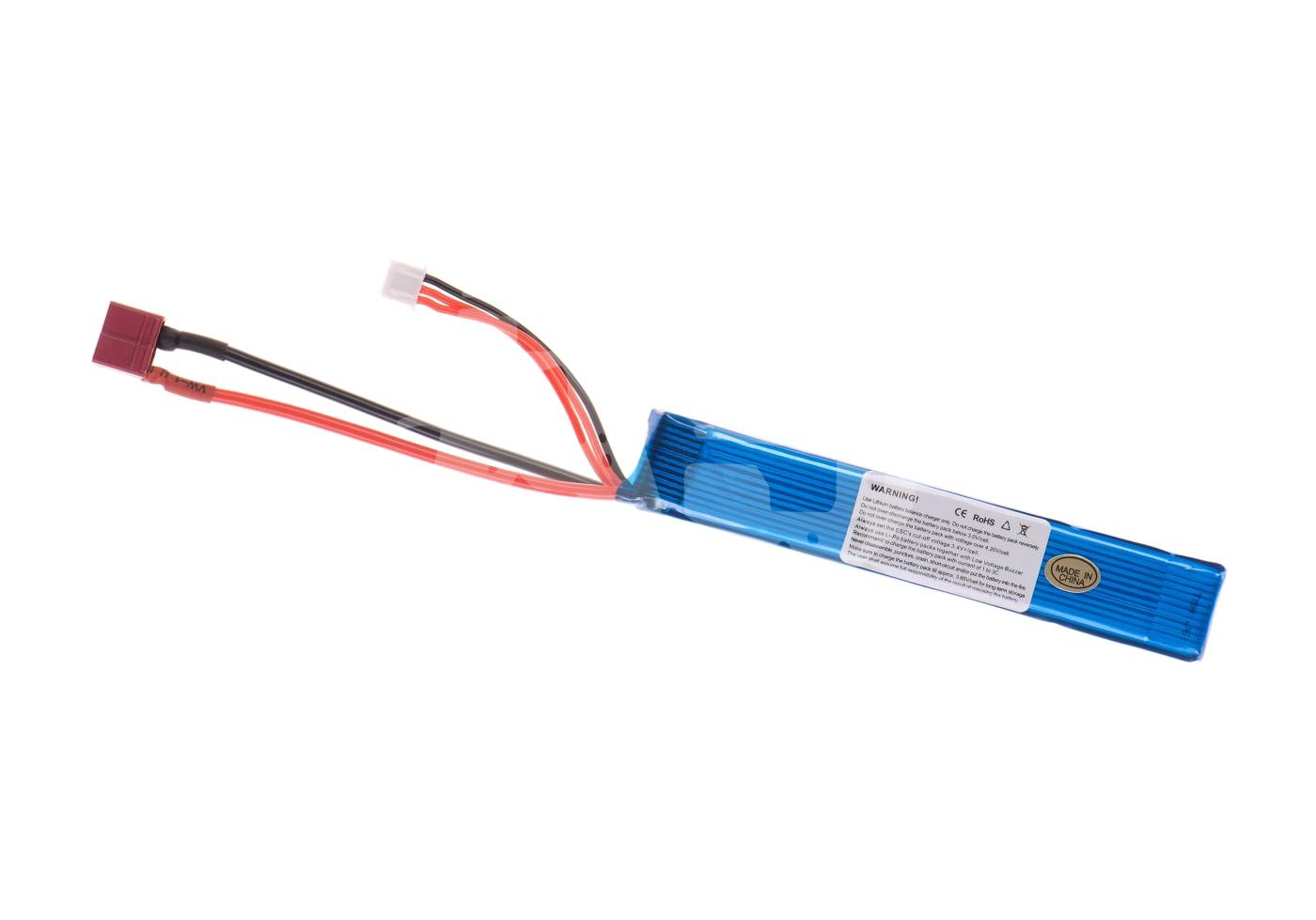 Airsoft LiPo-Akku in blauem Gehäuse mit Anschlusskabeln und Steckern, geeignet für elektrische Airsoft-Waffen.