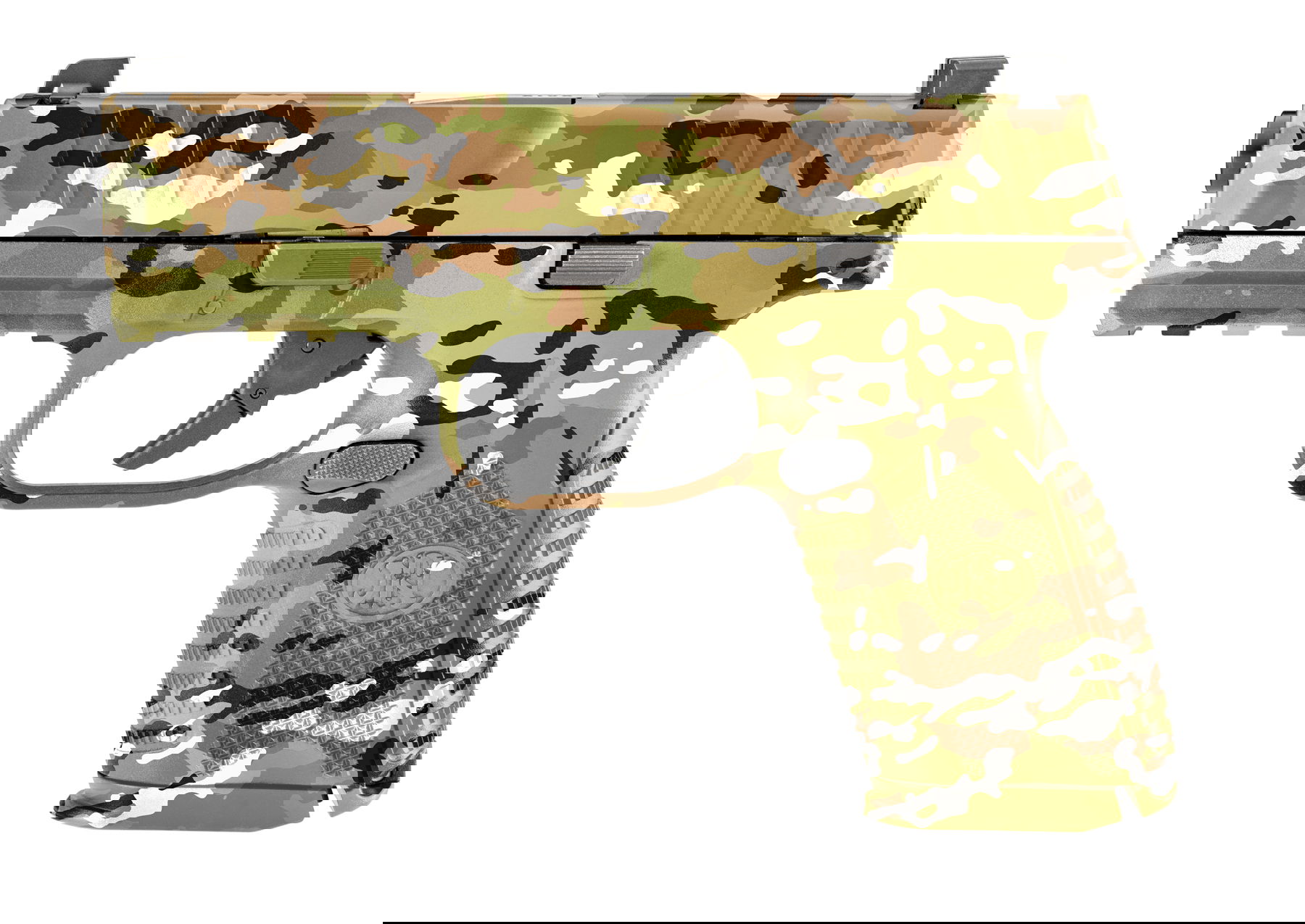 Tarnfarbene Airsoft-Pistole in Camo-Design, kompakte Bauform, mit strukturiertem Griff für besseren Halt.