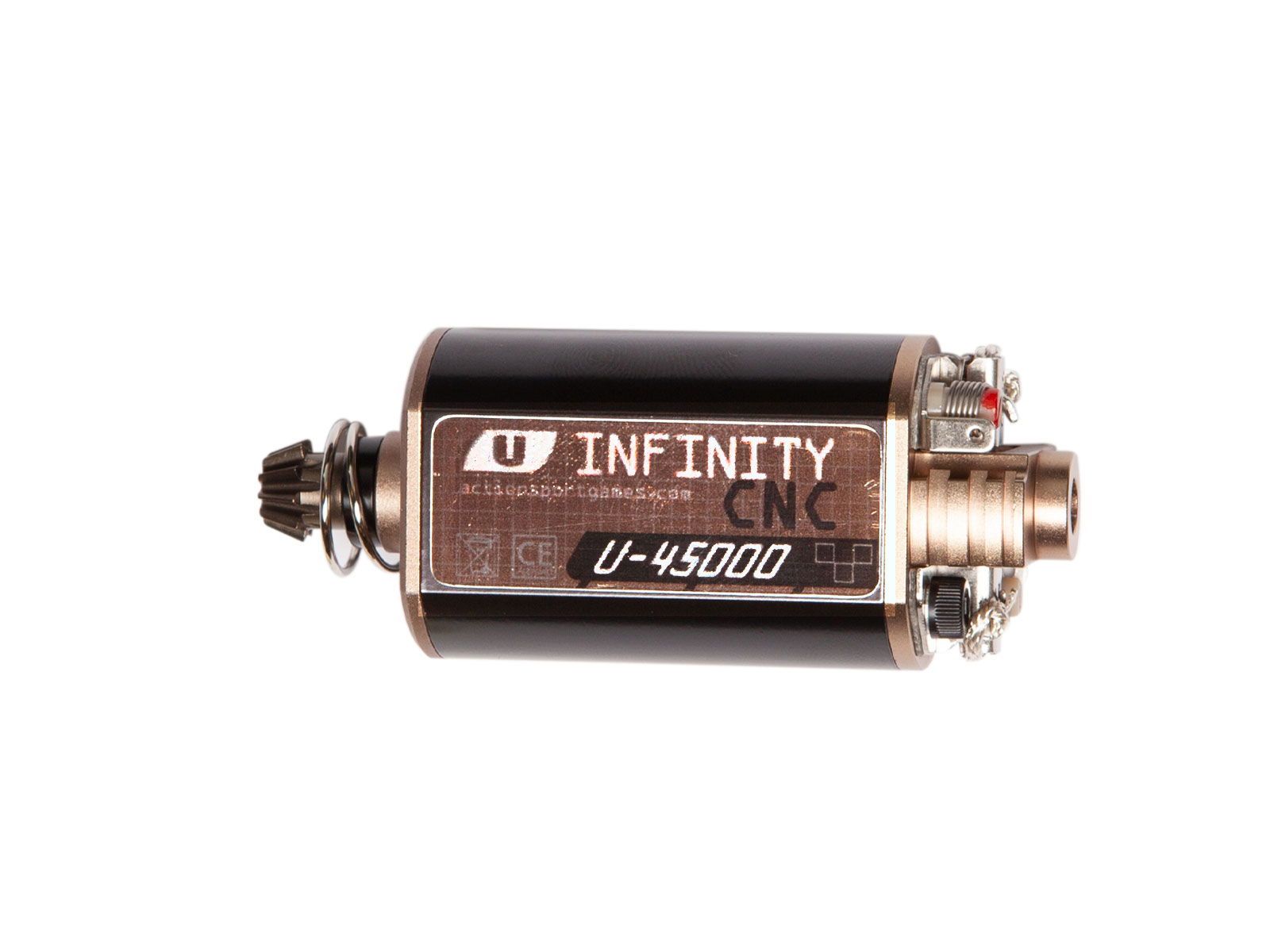 Infinity CNC Airsoft Motor, Modell U-45000, in Bronze und Schwarz, für verbesserte Schussleistung.