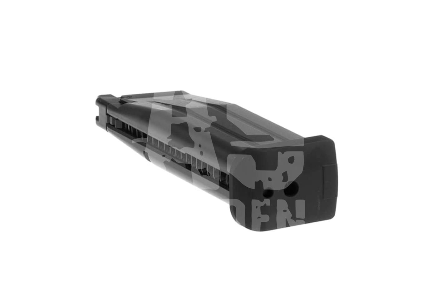 Schwarzes Airsoft-Magazin seitlich mit strukturiertem Griff, Logo darüber.