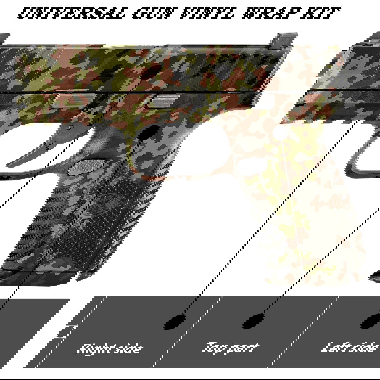 GunsWrap Pistol Skins Tarnmuster-Vinyl-Set für Pistolen, zeigt rechte, obere und linke Seite der Waffe.