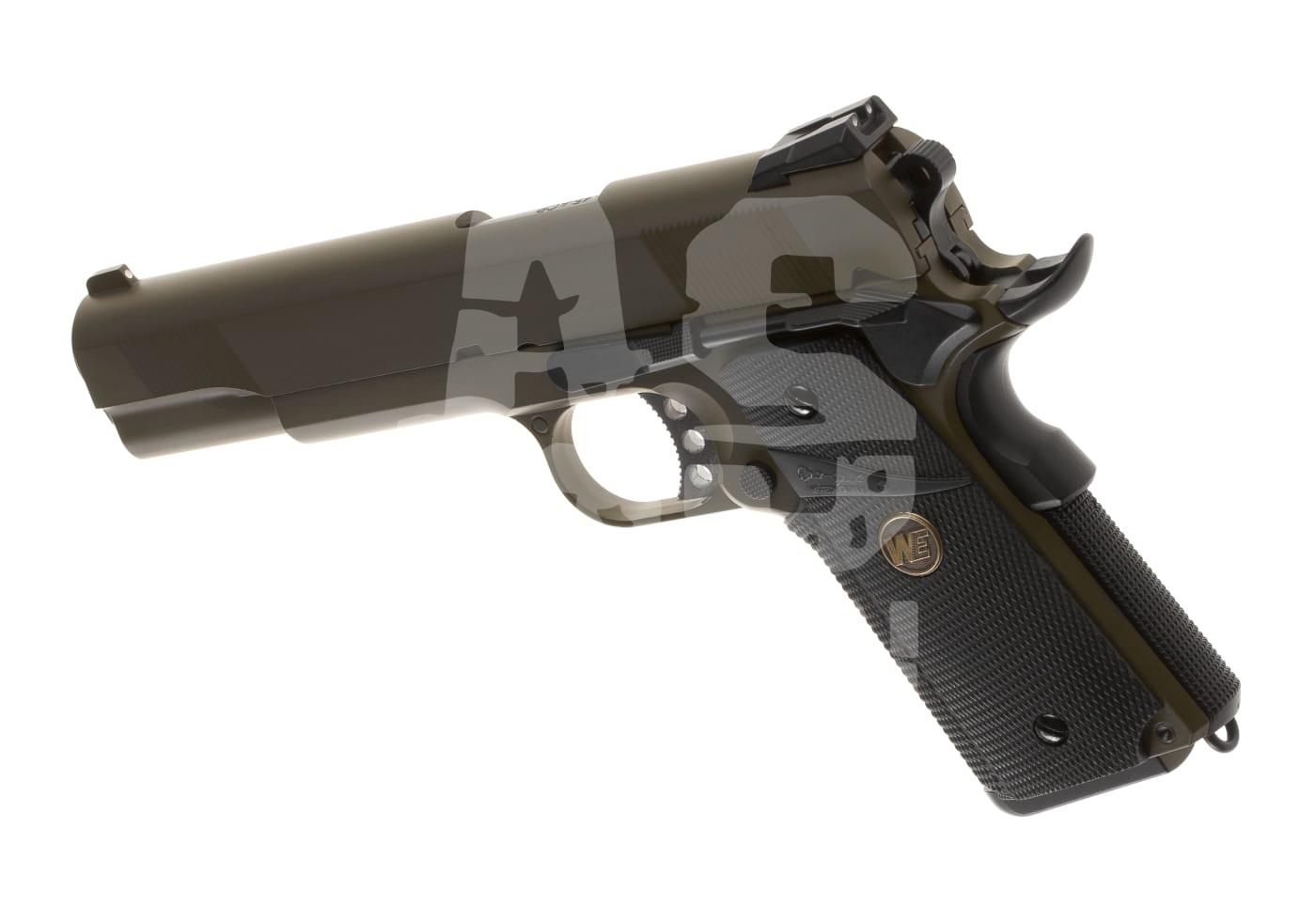 Airsoft Pistole, seitliche Ansicht, olivfarben, mit strukturiertem Griff und sichtbaren Bedienelementen.