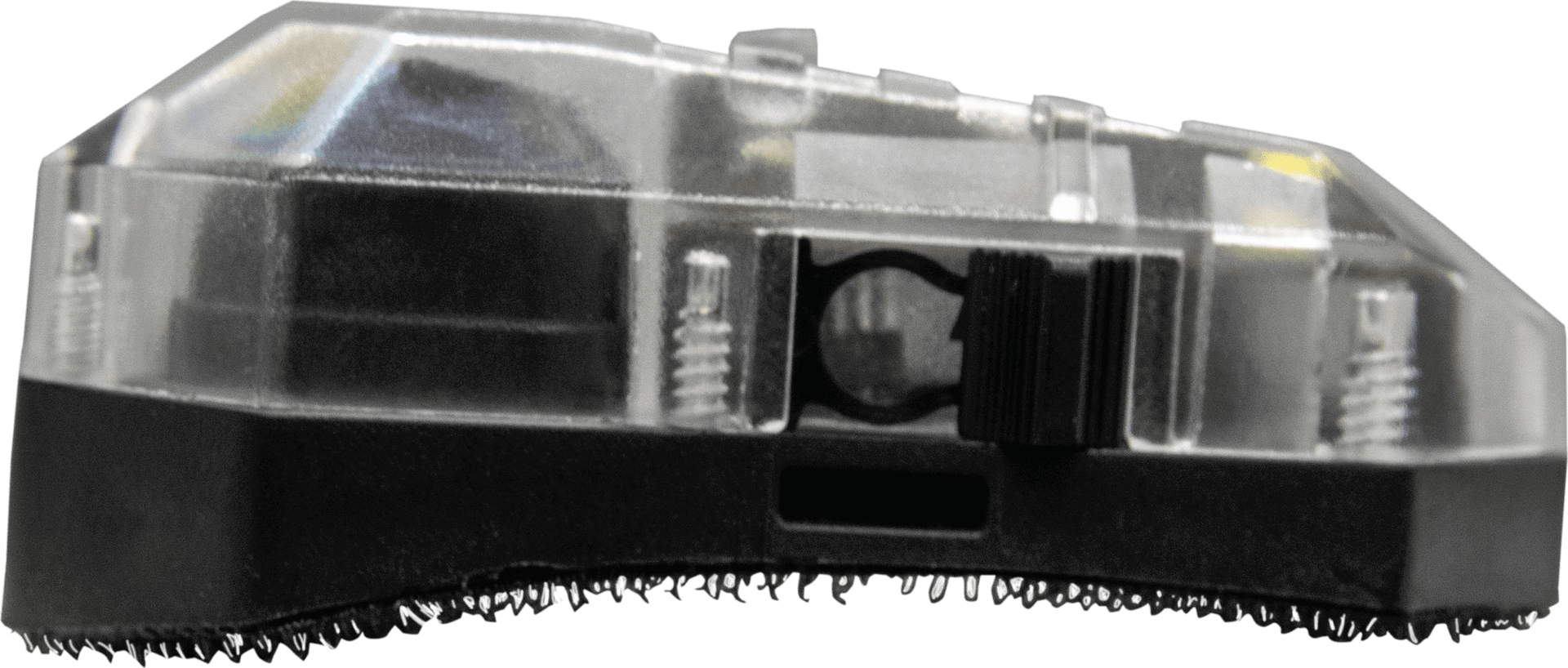 Schwarze Airsoft-Schuhabdeckung mit transparenter Abdeckung und Befestigungselementen, seitliche Ansicht.