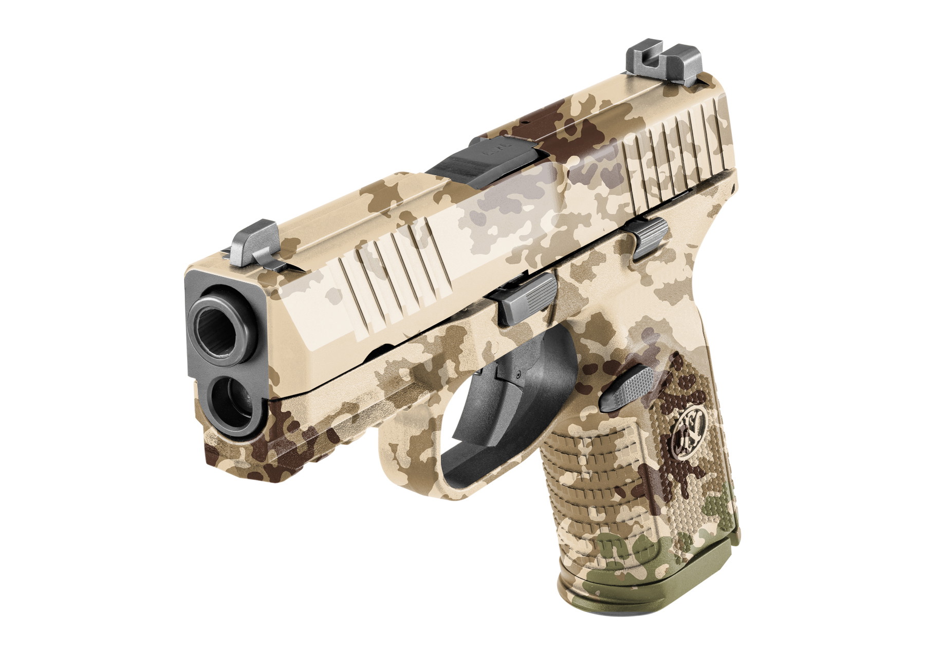 Tarnmuster-Pistole für Airsoft, Zweifarben-Camo, seitliche Ansicht.