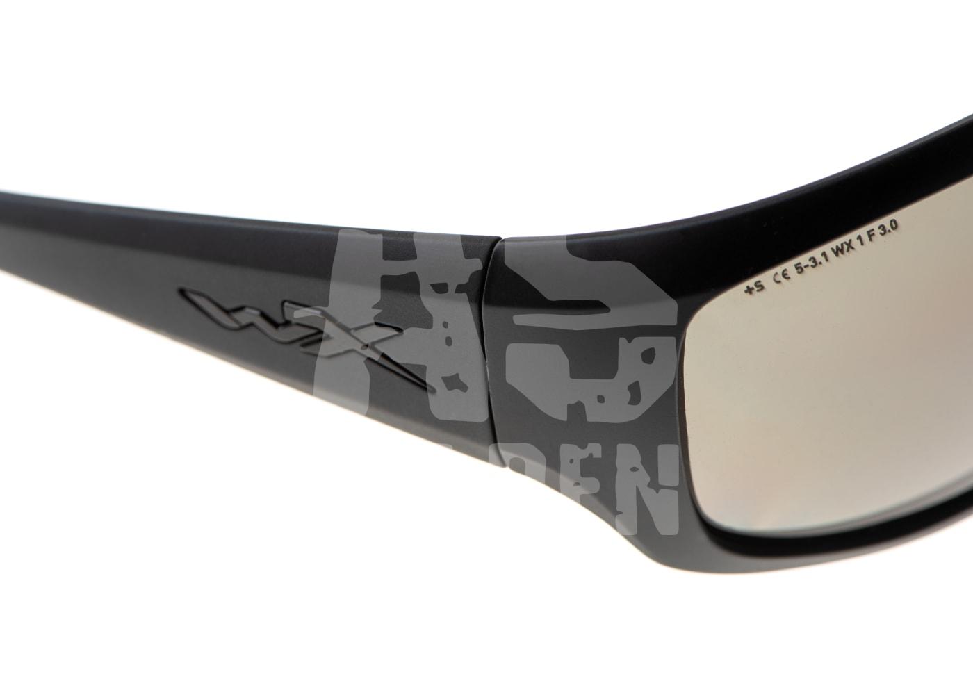 WX Omega Captivate Polarized Grey Schwarze Schutzbrille mit WX-Logo, robuste Bügel, ideal für Airsoft.