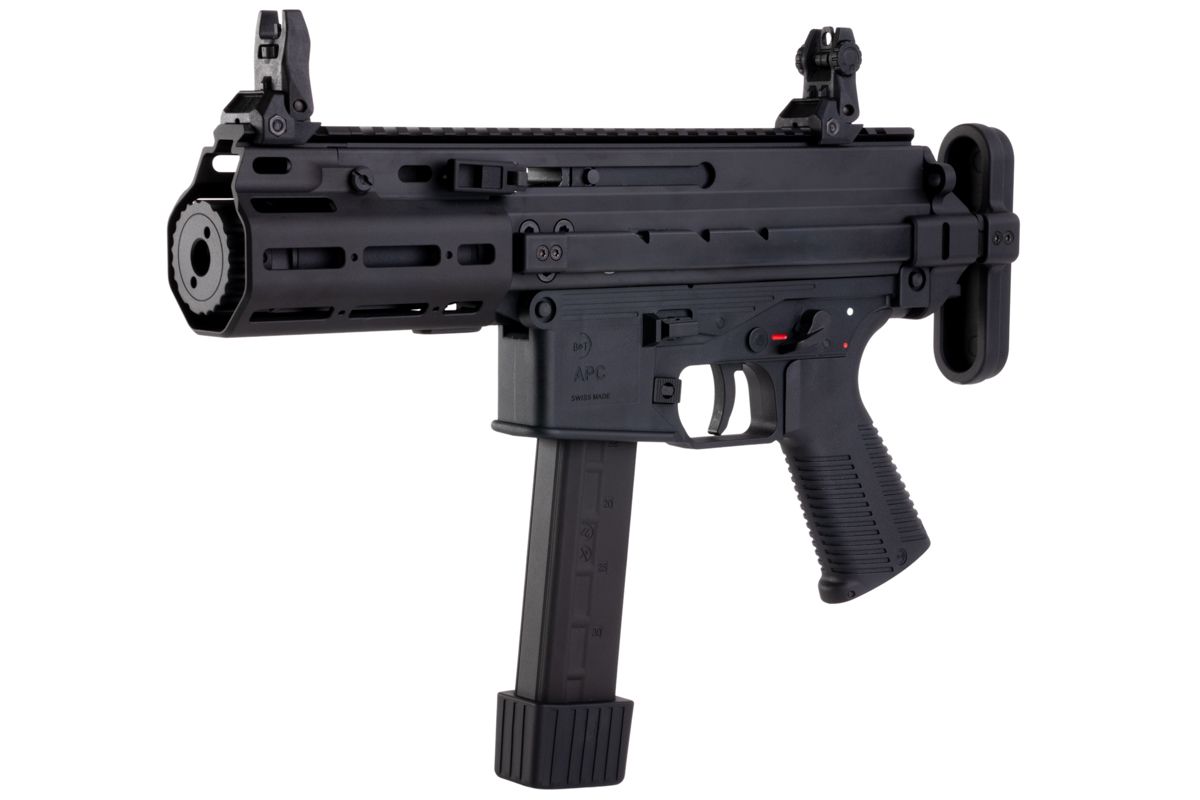 Schwarze Airsoft-Maschinenpistole mit Klappschaft und Picatinny-Schiene, seitliche Ansicht.