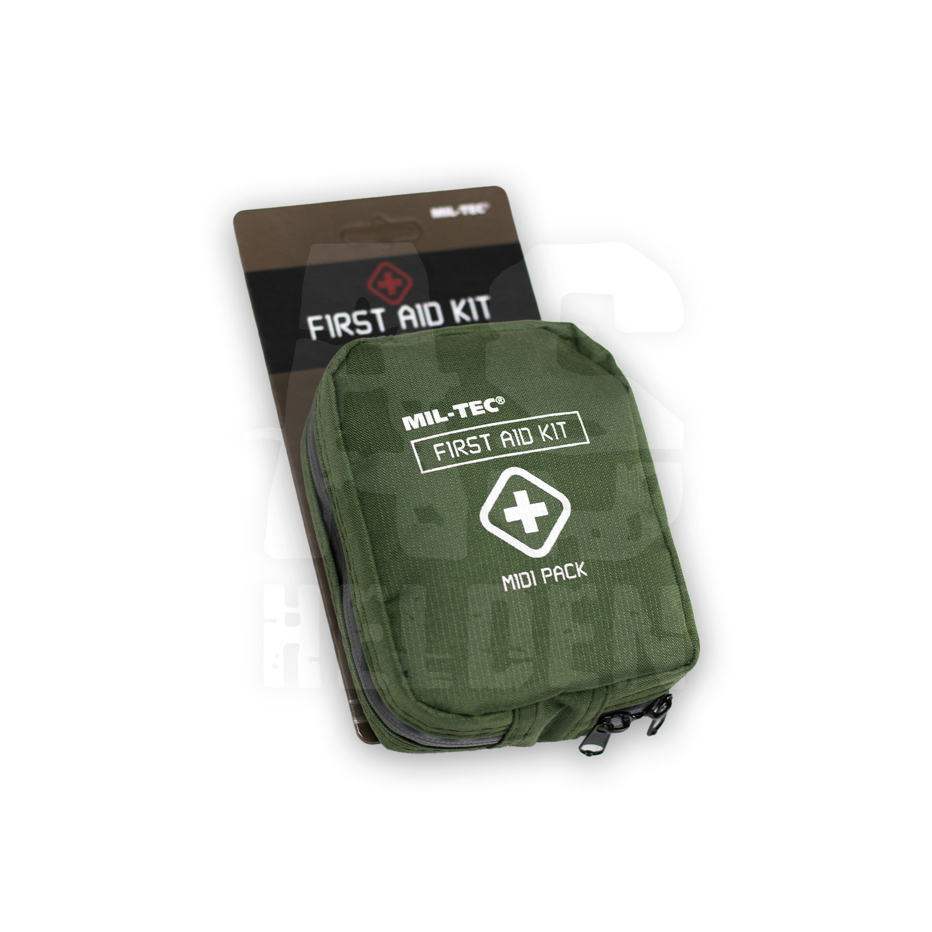 FIRST AID PACK MIDI OLIV Grünes Erste-Hilfe-Set von Mil-Tec, kompakt im Format, mit Reißverschluss, geeignet für unterwegs.