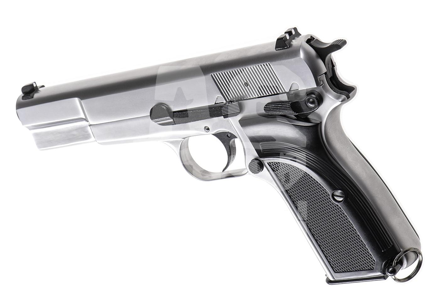 WE Hi-Power Mk3 Full Metal GBB - ab 18 Jahren Silberne Airsoft-Pistole mit schwarzen Griffschalen, seitliche Ansicht. Ideal für realistische Simulationen.