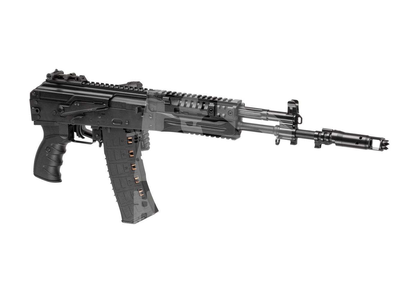 Airsoft-Gewehr mit taktischer Schiene, schwarzes Design, Magazin für Softair-Projekte. Ideal für realistische Simulationen.