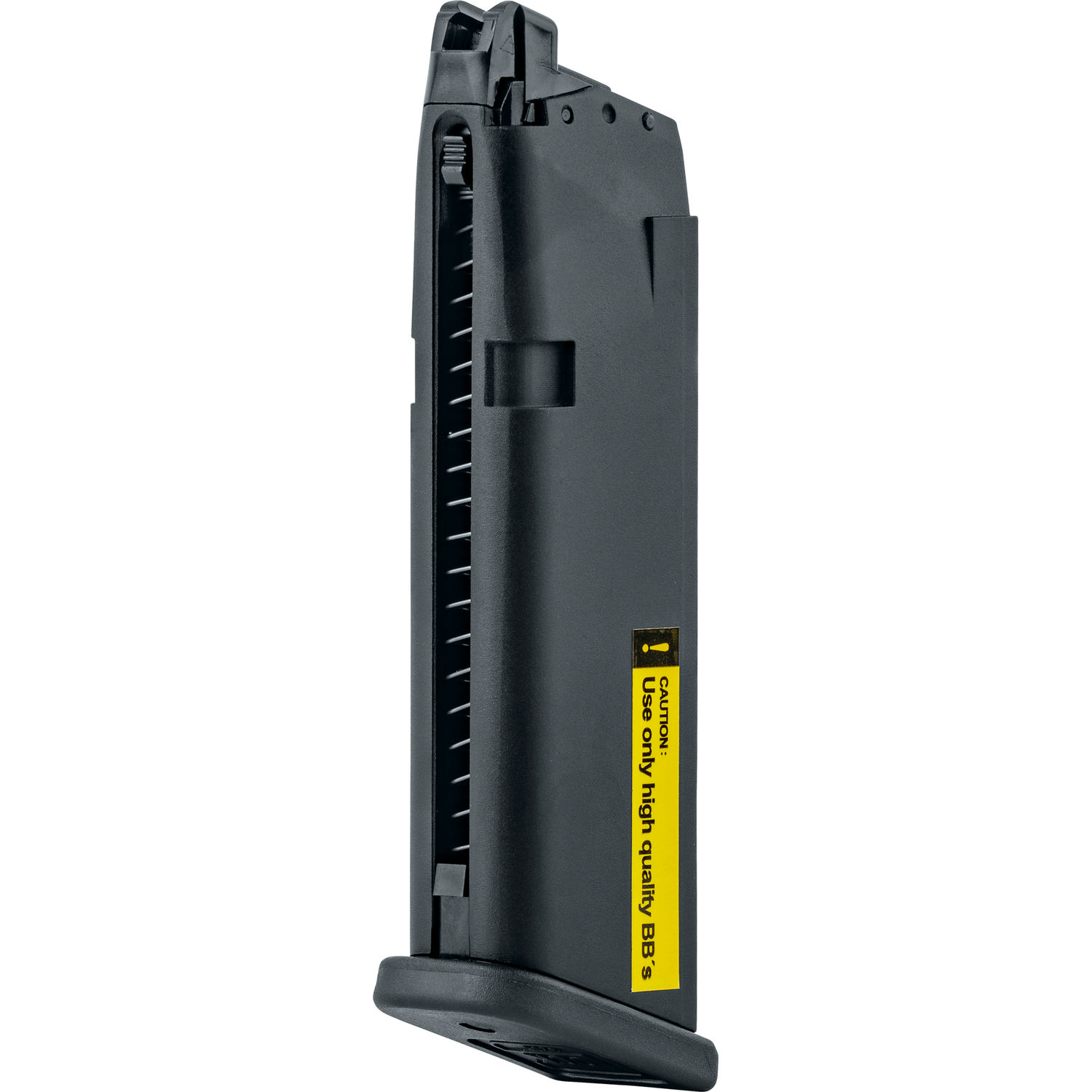 Schwarzes Airsoft-Magazin mit gelbem Warnhinweis, für Softair-Pistolen geeignet.