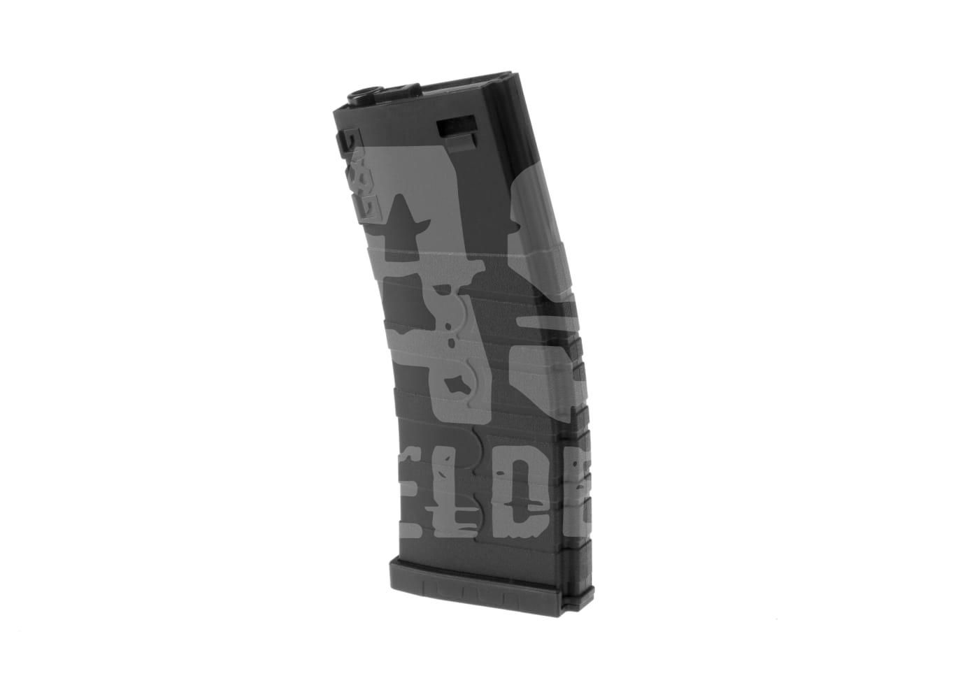 G&G Magazin M4 Midcap 120rds Schwarzes Airsoft-Magazin mit gewölbter Form und strukturiertem Design, vor weißem Hintergrund.