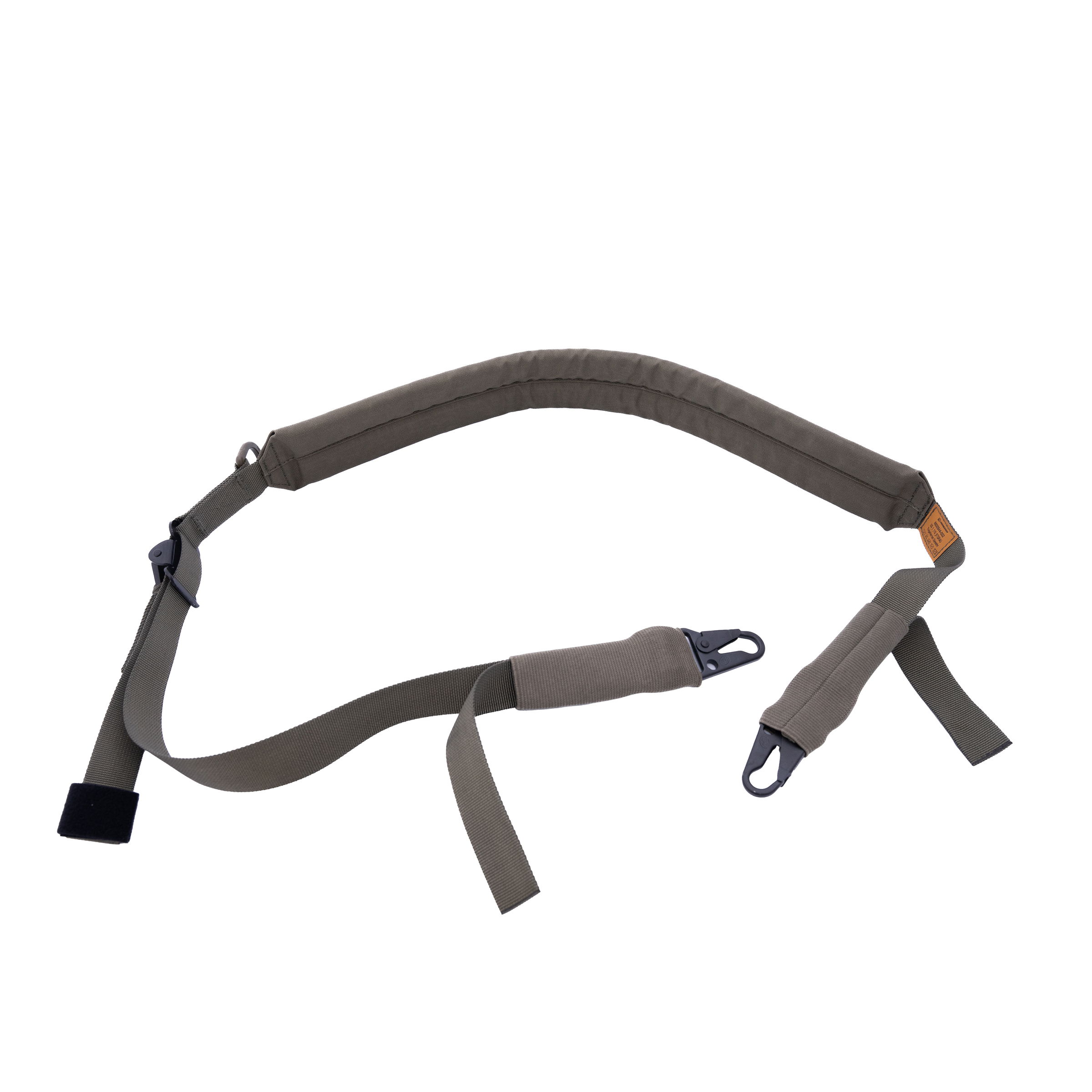 Ein taktischer, gepolsterter Trageriemen in Olivgrün mit schwarzen Haken für Airsoft-Waffen.