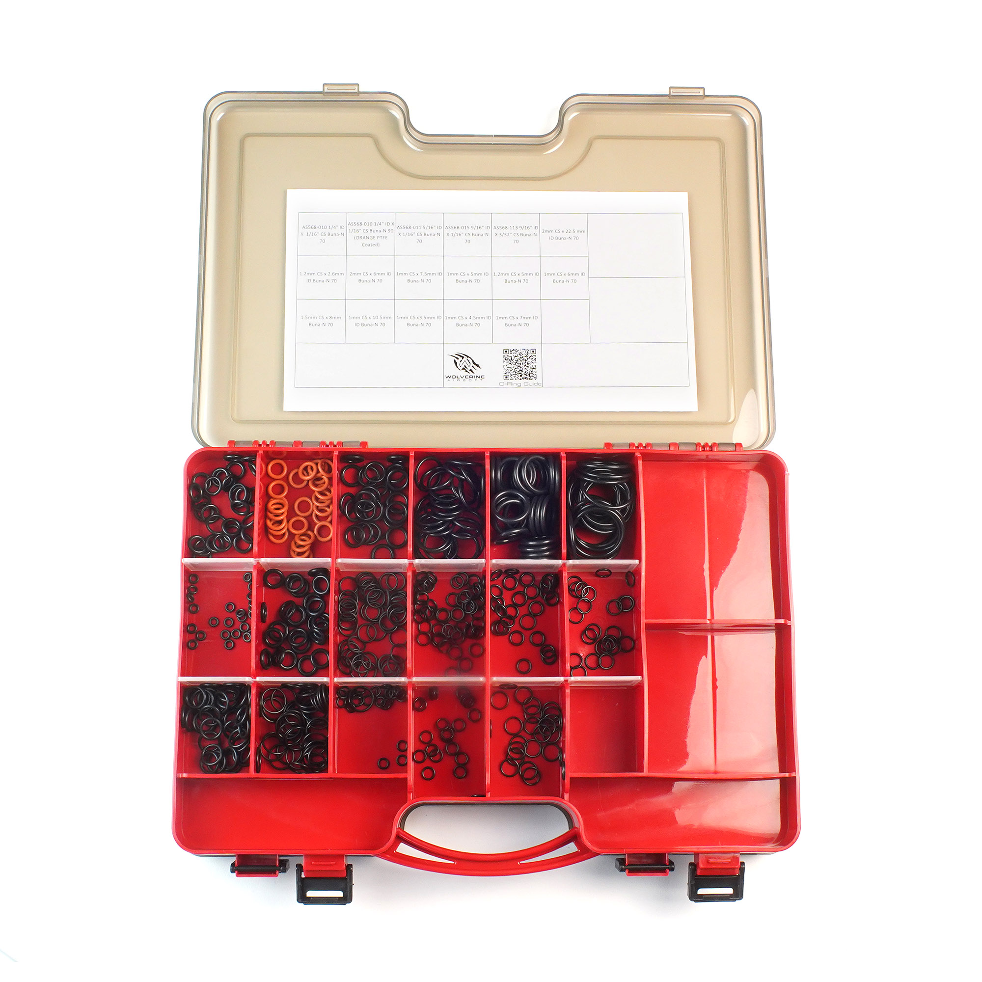 Rote Box mit verschiedenen O-Ringen, sortiert in Fächern für Airsoft-Reparaturen.