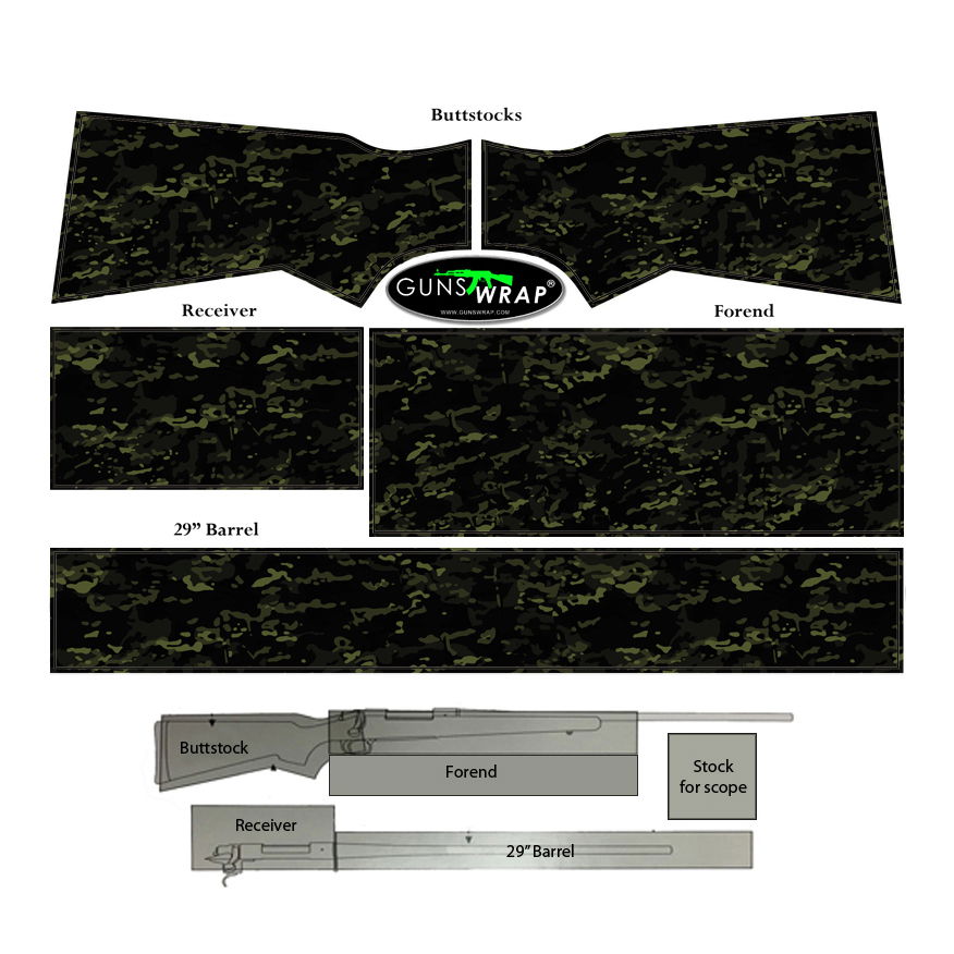 Tarnfolien-Set für Gewehrteile: Kolben, Lauf und Vorderschaft in Camouflage-Muster.