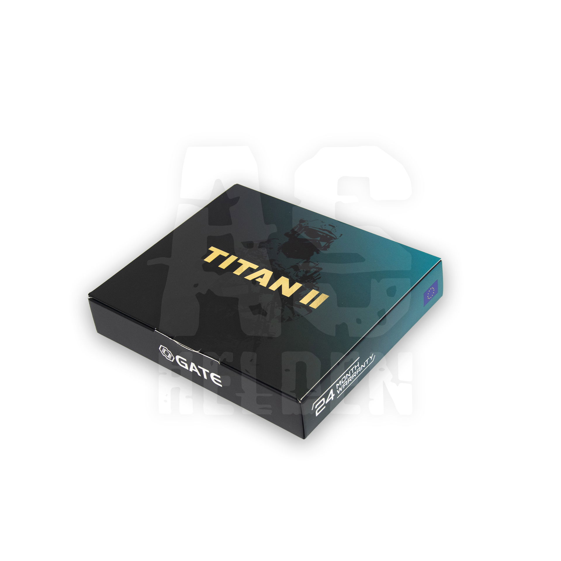 GATE Titan II Verpackung für Airsoft-Elektronik, 24 Monate Garantie, schwarzes Design.