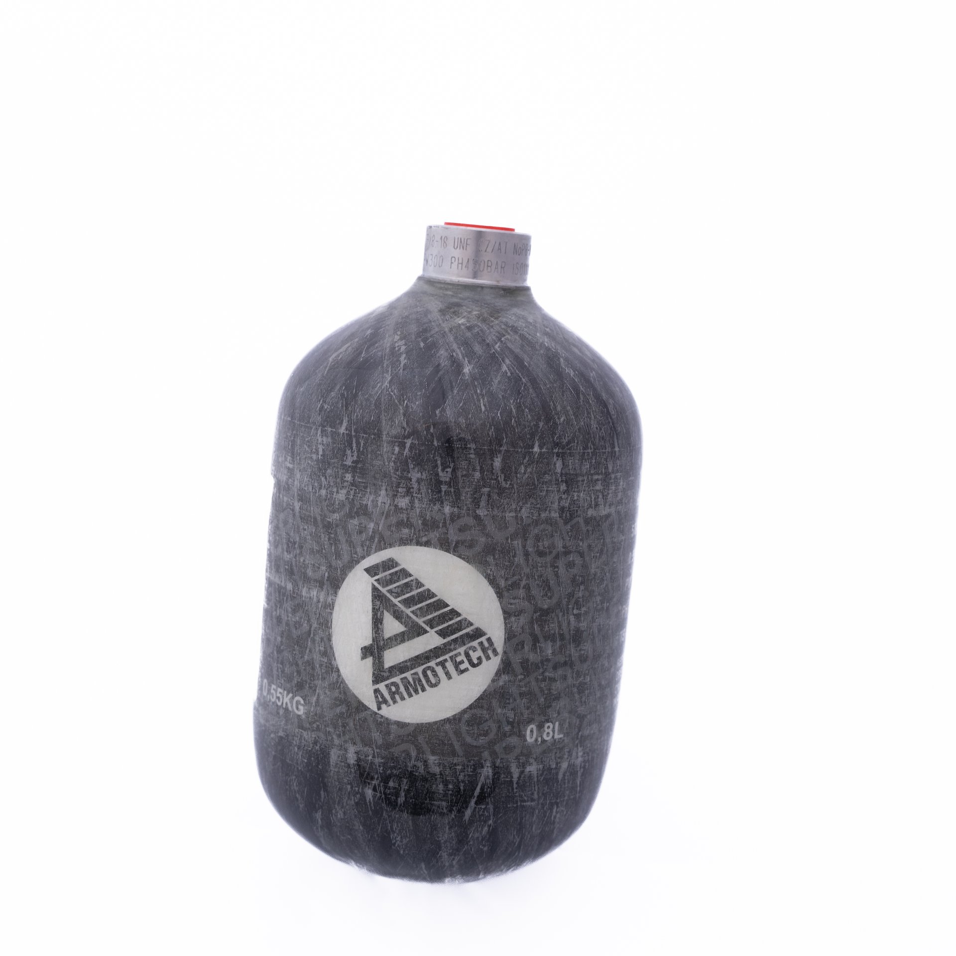 Schwarzer Armotech 0,8L Lufttank für Airsoft, zylindrisch mit grauem Logo.