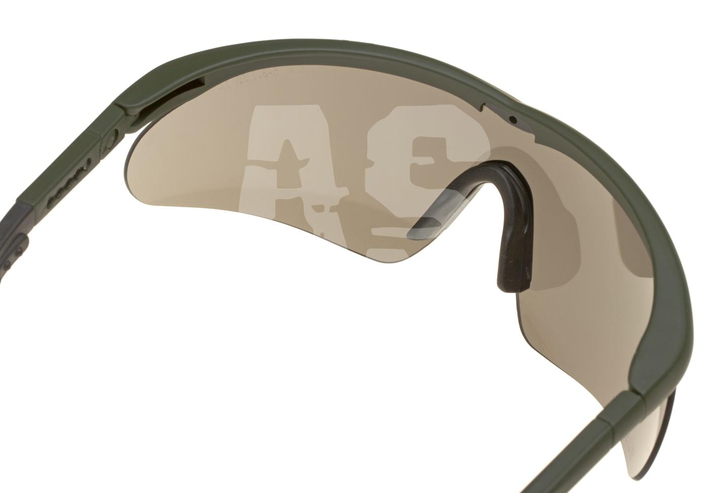 SWISS EYE® Raptor Grüne Schutzbrille mit transparenten Gläsern, seitliche Ansicht, geeignet für Airsoft-Einsätze.