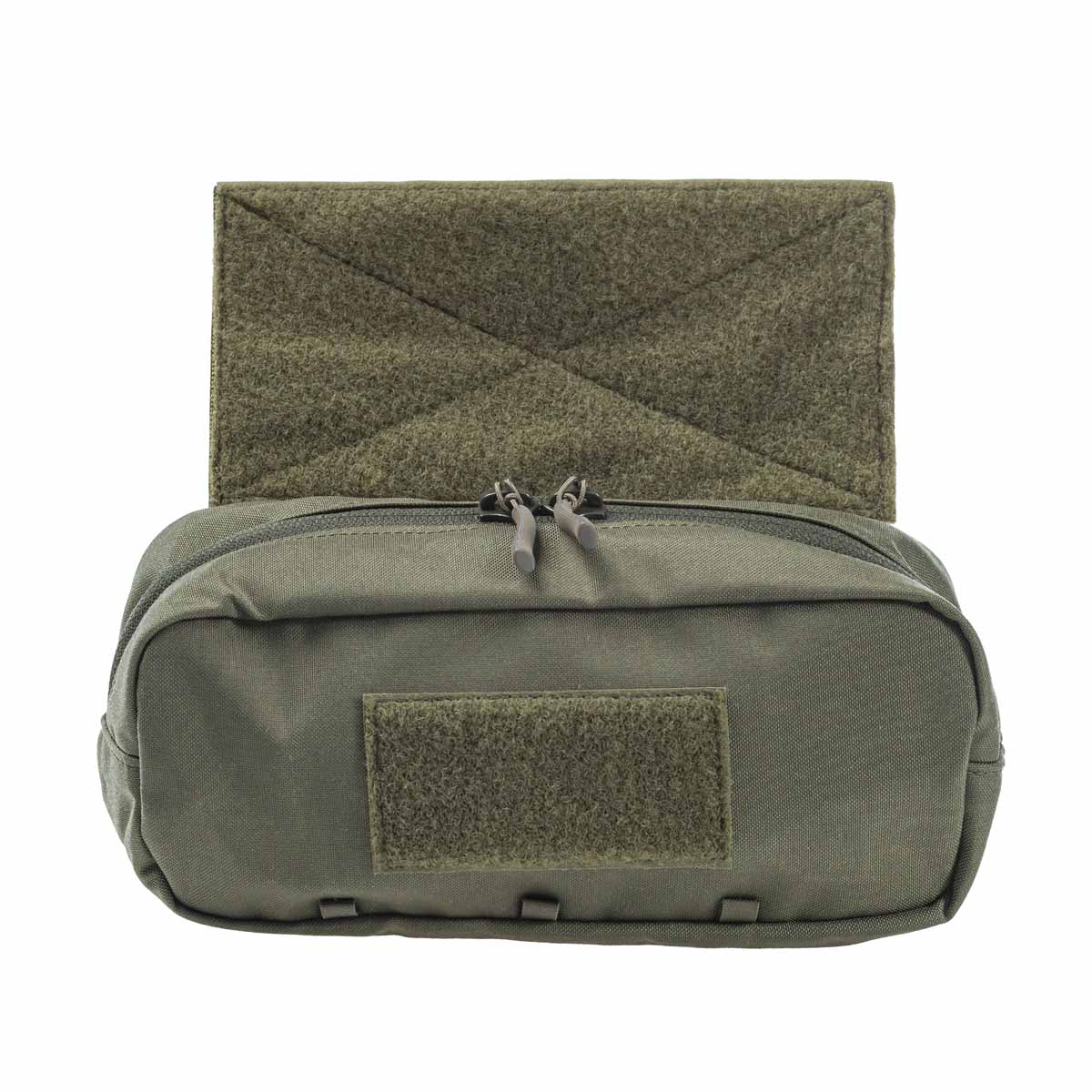 Grüne Airsoft-Tasche mit Klettfläche und Reißverschluss, ideal für Ausrüstung.