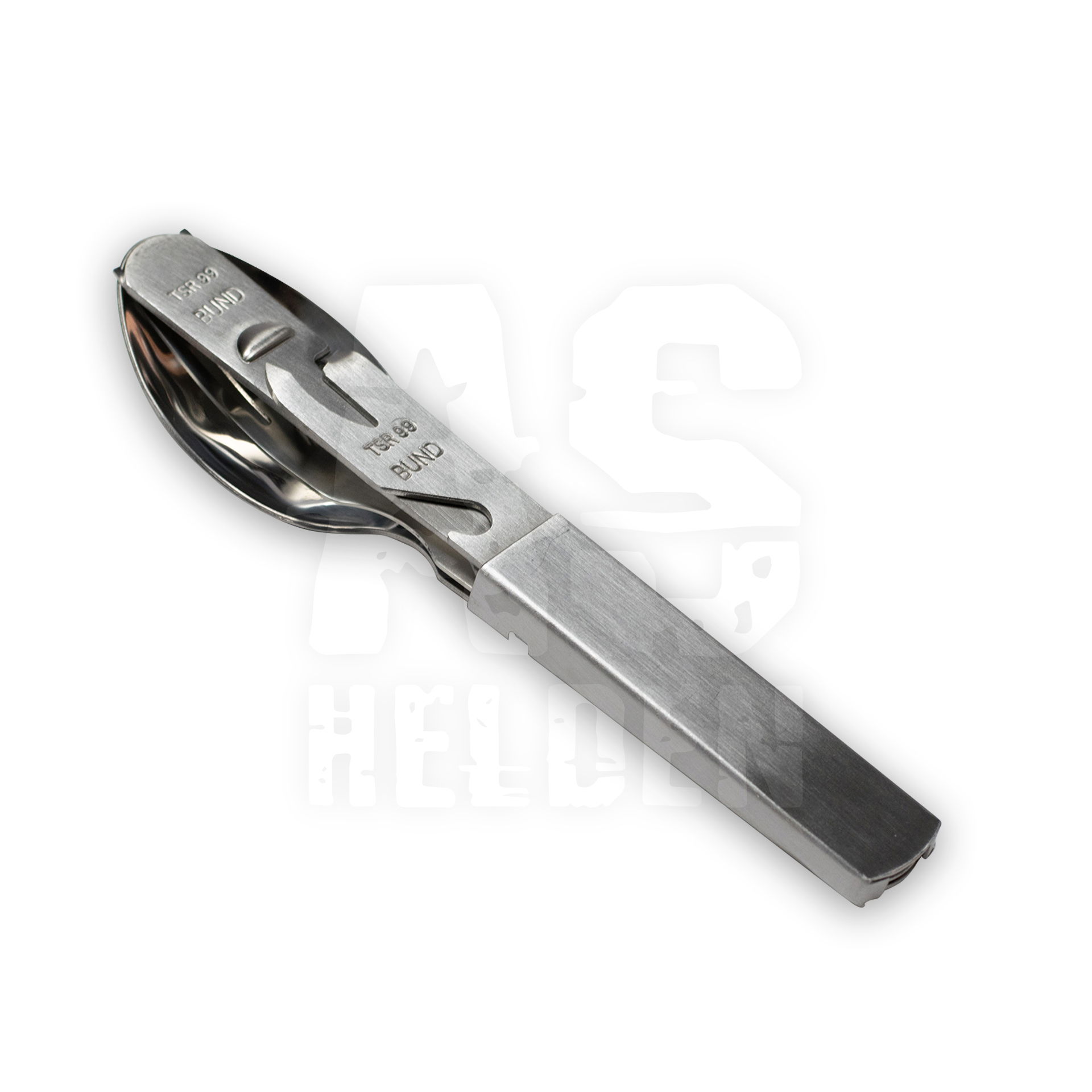 Klappbesteck aus Metall mit Gabel, Löffel und Messer. Kompakt und praktisch für Outdoor-Aktivitäten.