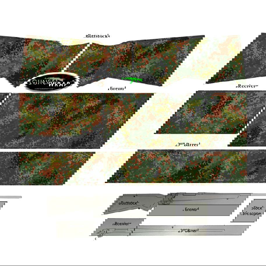 Waffen-Tarnfolien-Set in Flecktarnoptik für Luftgewehre. Enthält Schaft, Laufbezug und weitere Teile.