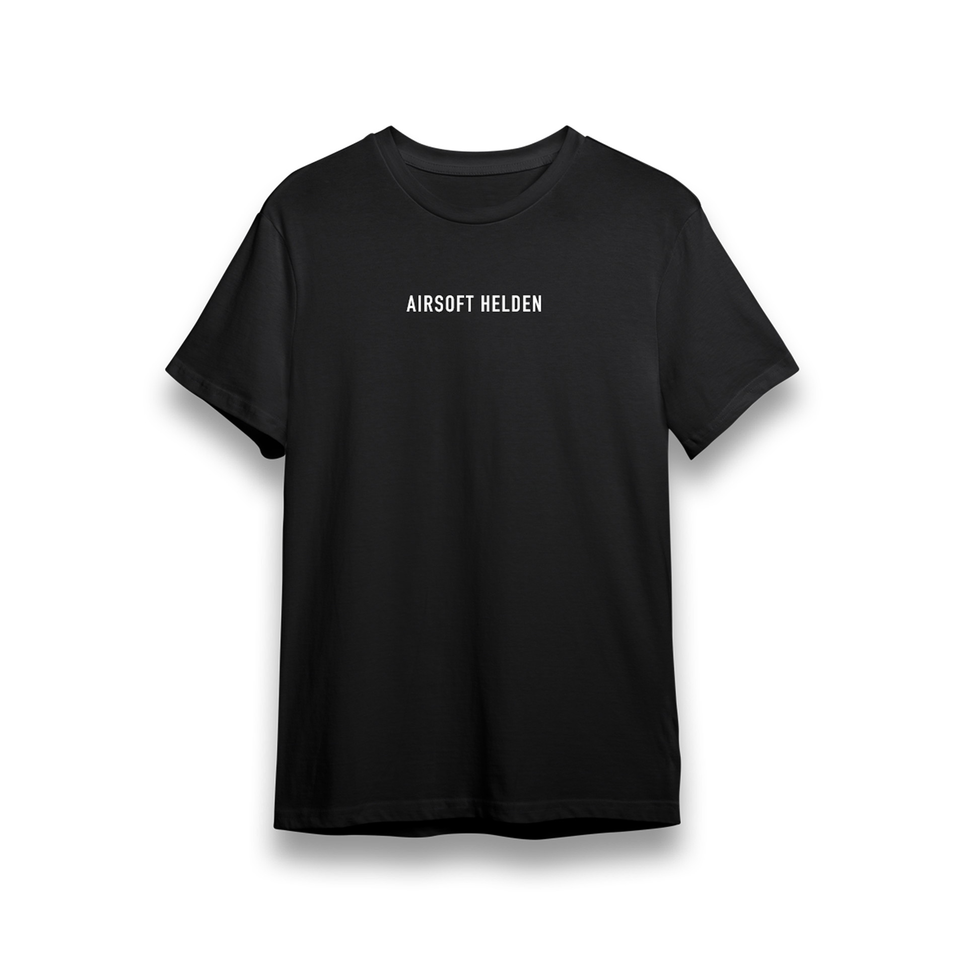 Schwarzes T-Shirt mit weißem "AIRSOFT HELDEN" Schriftzug auf der Brust.