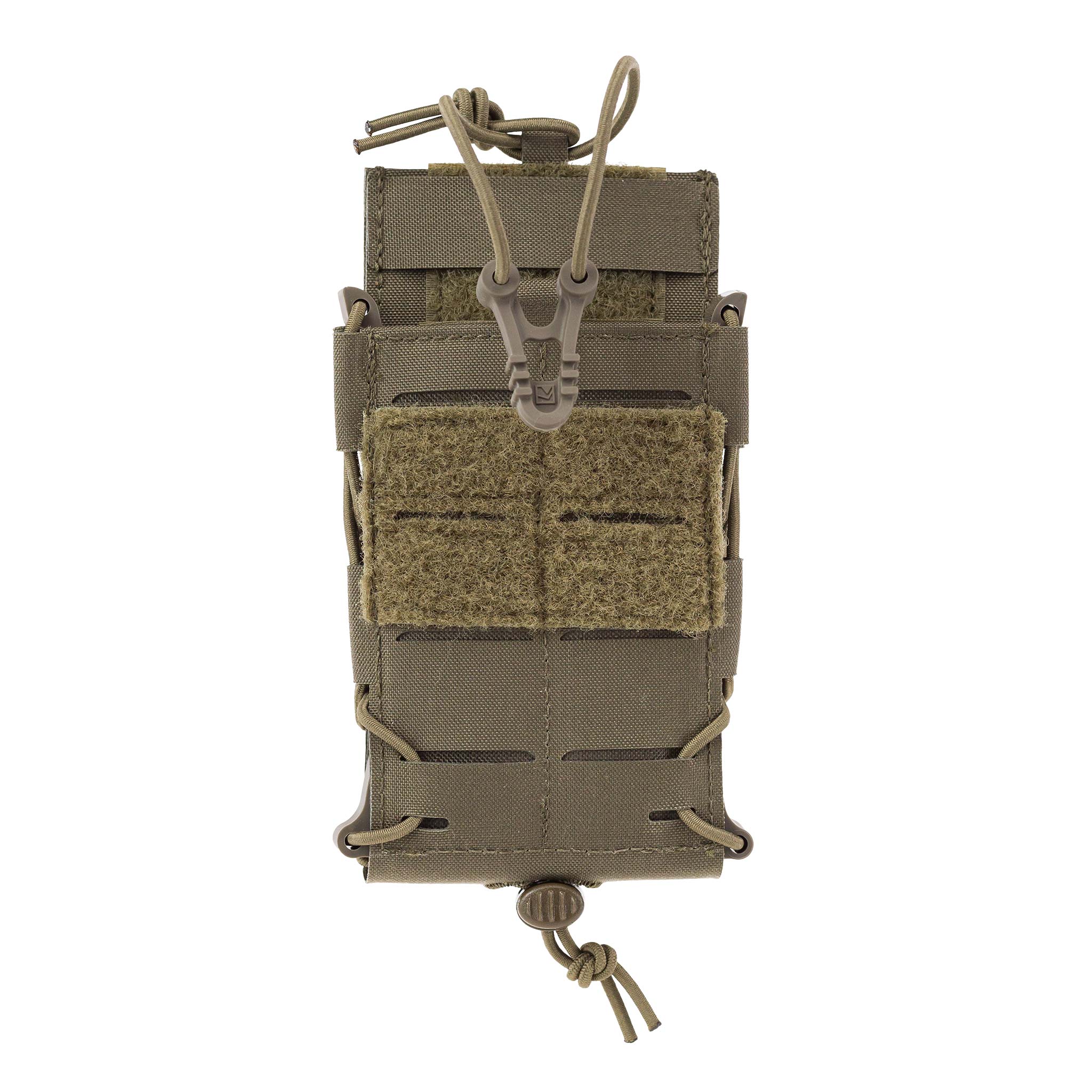 Grüne Airsoft-Magazintasche mit Kordelzug und Klettverschluss. Kompakt und robust, ideal für Outdoor-Spiele.