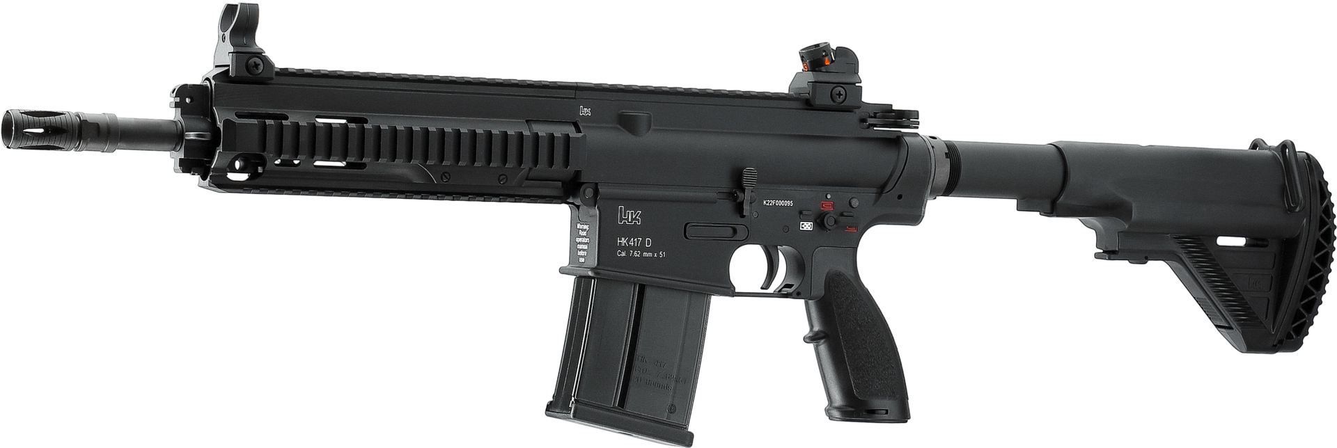 Schwarzes Airsoft-Gewehr HK417D, realistischer Nachbau mit verstellbarem Schaft und taktischer Schiene.