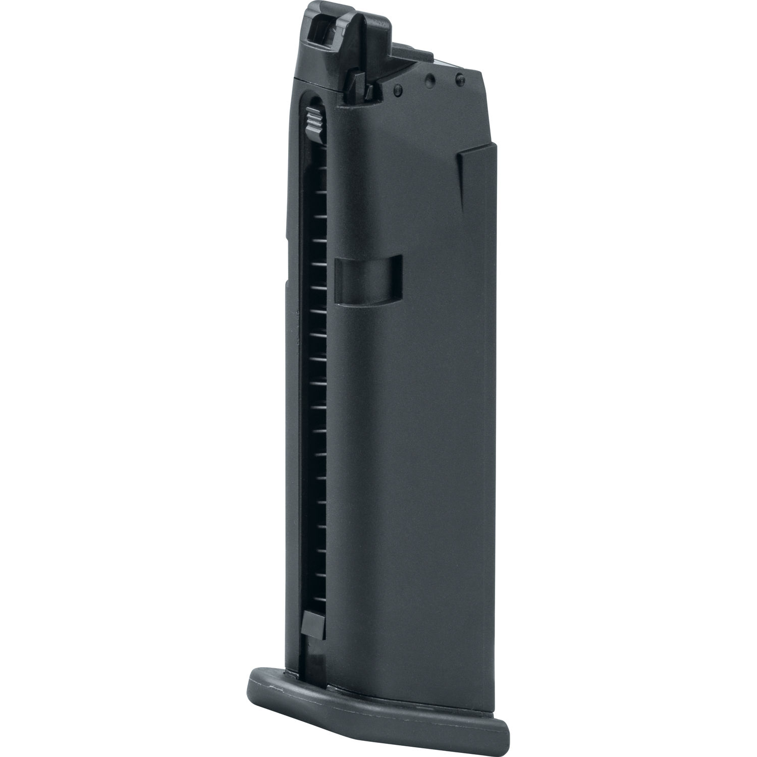 Schwarzes Airsoft-Pistolenmagazin aus Kunststoff, seitlich fotografiert.