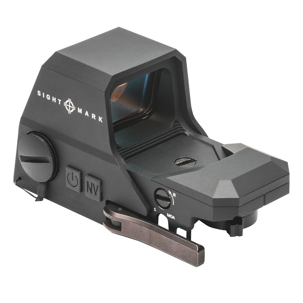 Airsoft Reflexvisier, schwarz, mit Leuchtpunkt und seitlichen Bedienelementen. Marke: Sightmark.