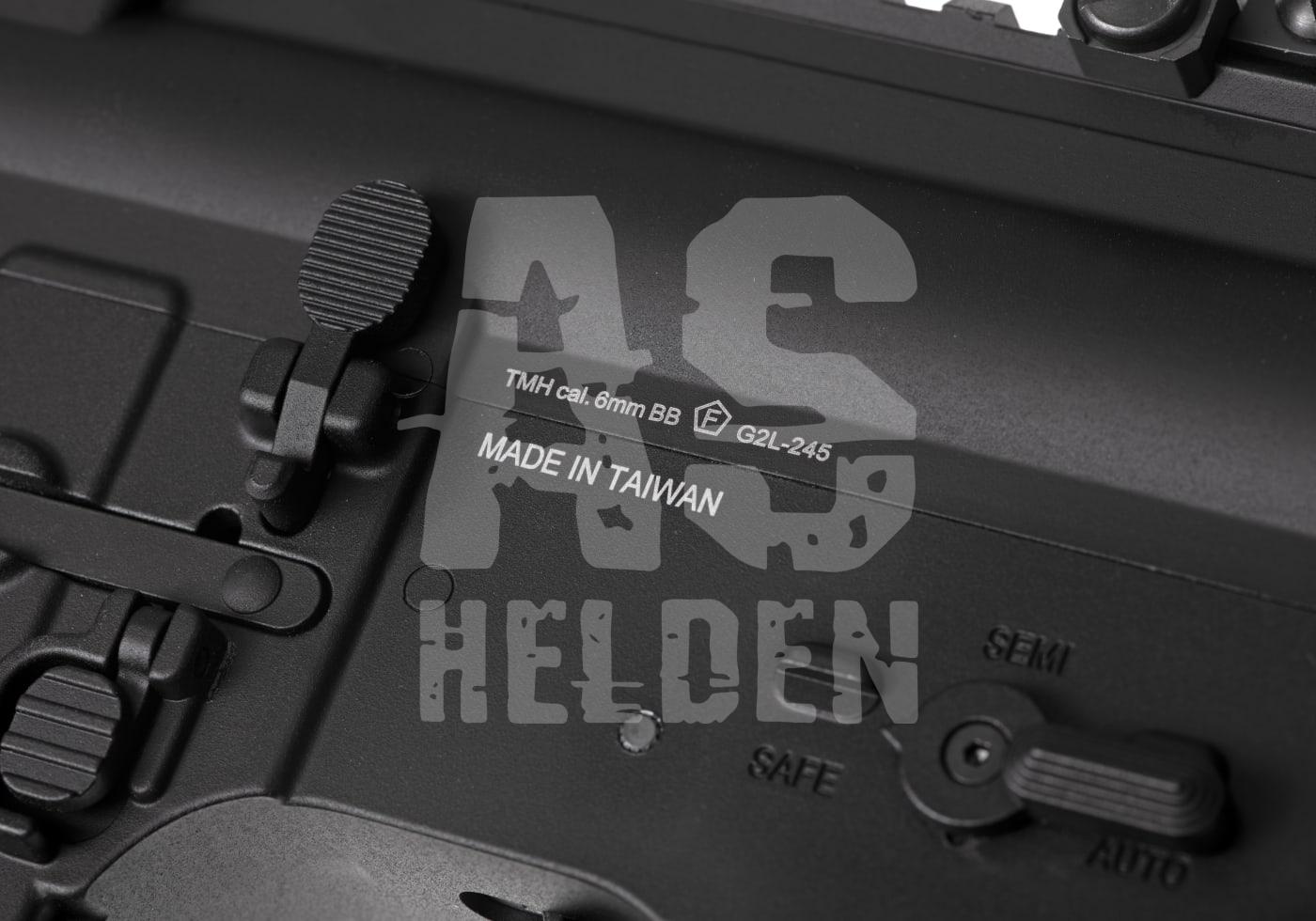 G&G Knight's Armament SR30 M-LOK S-AEG - ab 18 Jahren Nahaufnahme eines Airsoft-Selectors mit Markierungen "Made in Taiwan", "6mm BB" und "SAFE/SEMI/AUTO".