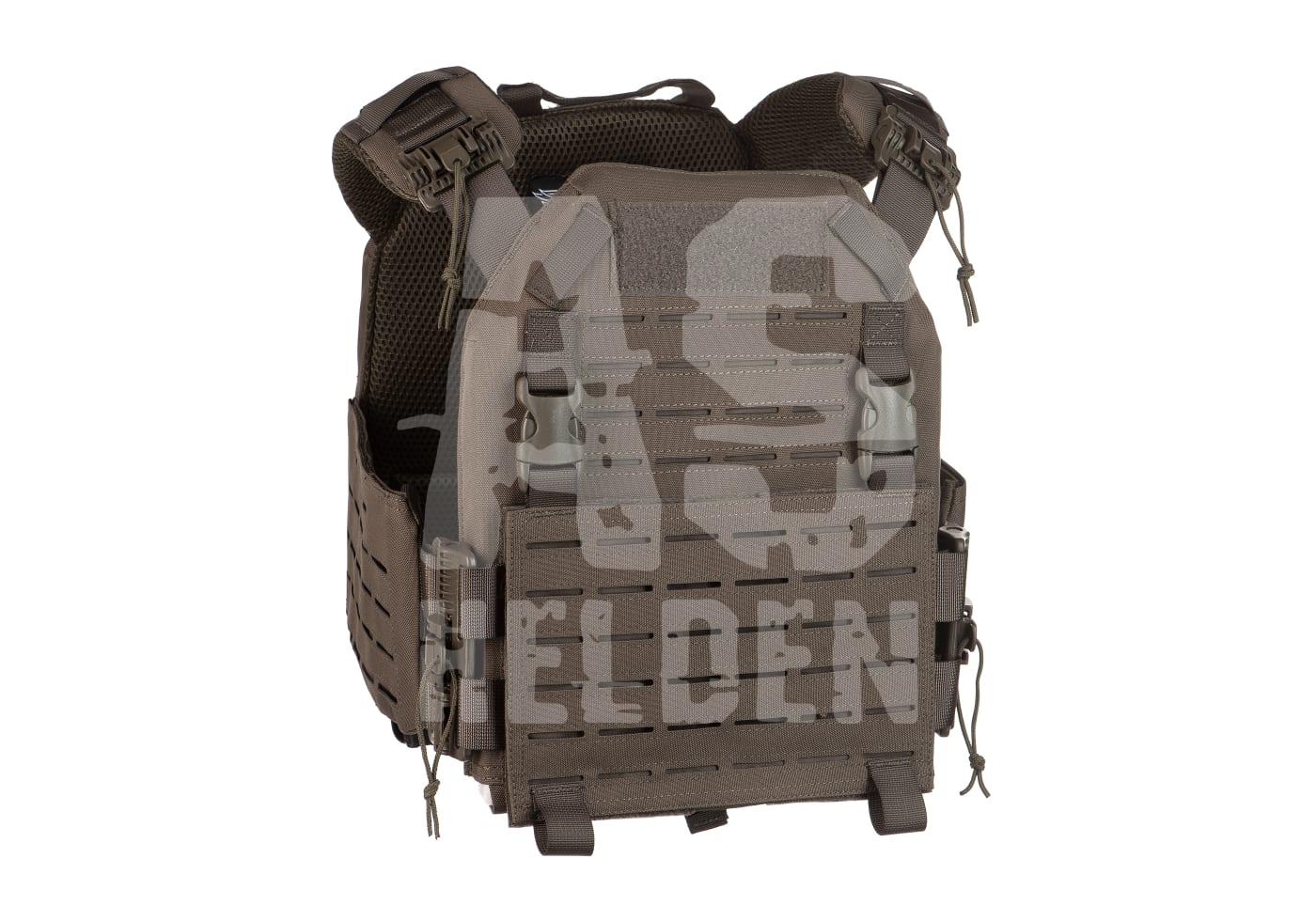 Taktische Weste in Olive, verstellbar mit Lasercut-Molle-System für Airsoft-Zubehörbefestigung.