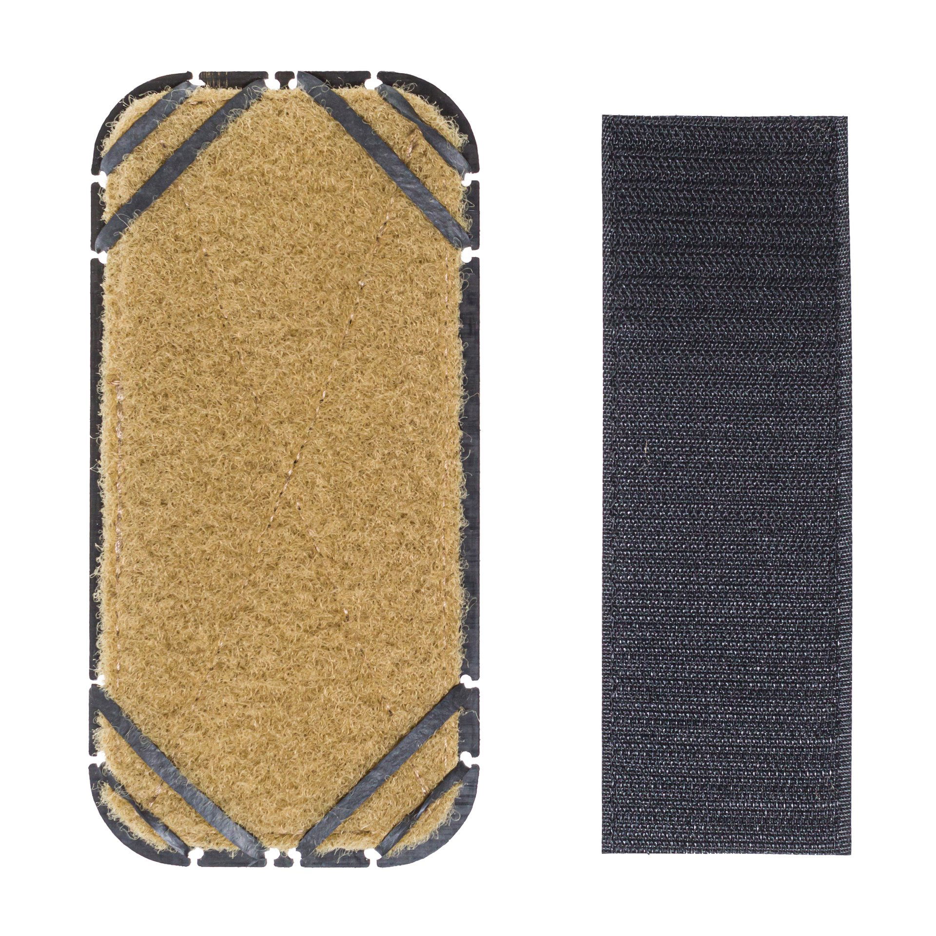 Braunes Filzpolster und schwarzer Klettstreifen nebeneinander.