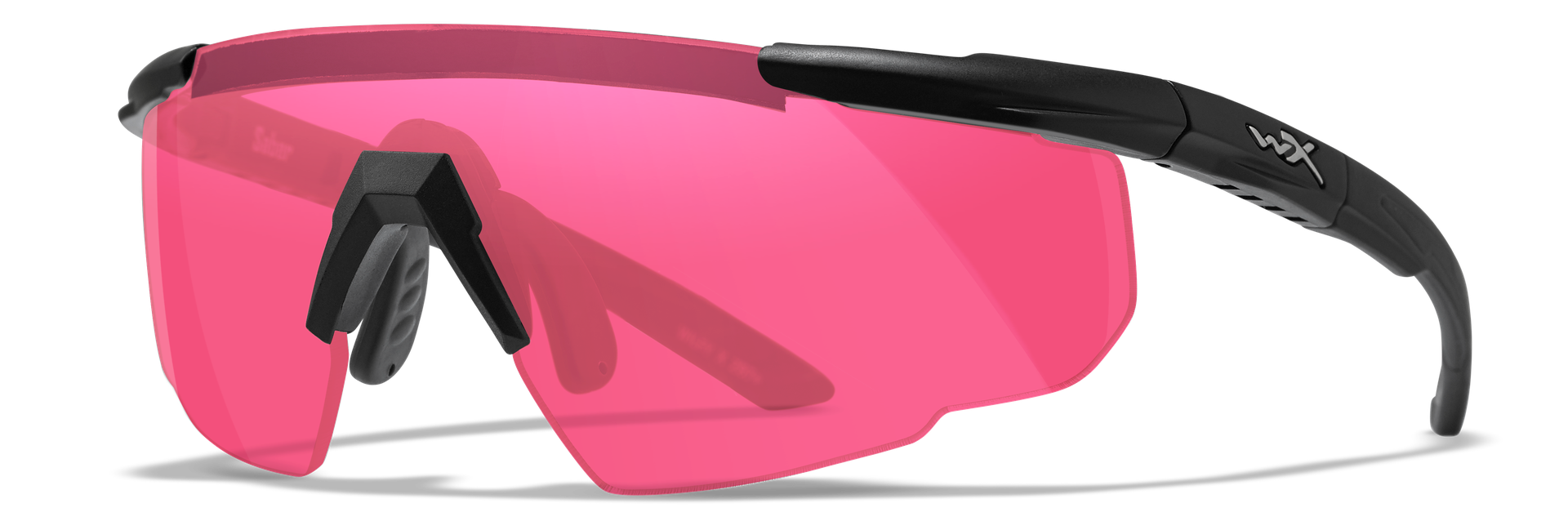 Sportbrille mit schwarzem Gestell und rosa Gläsern.