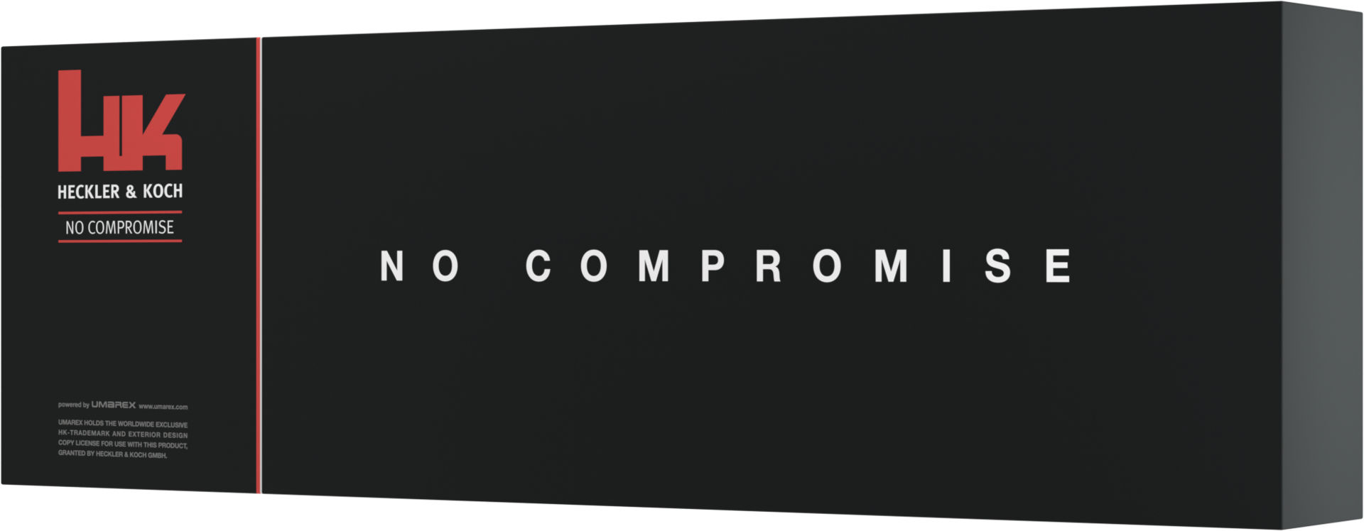 Schwarze Heckler & Koch-Verpackung mit rotem Logo und dem Slogan "No Compromise".