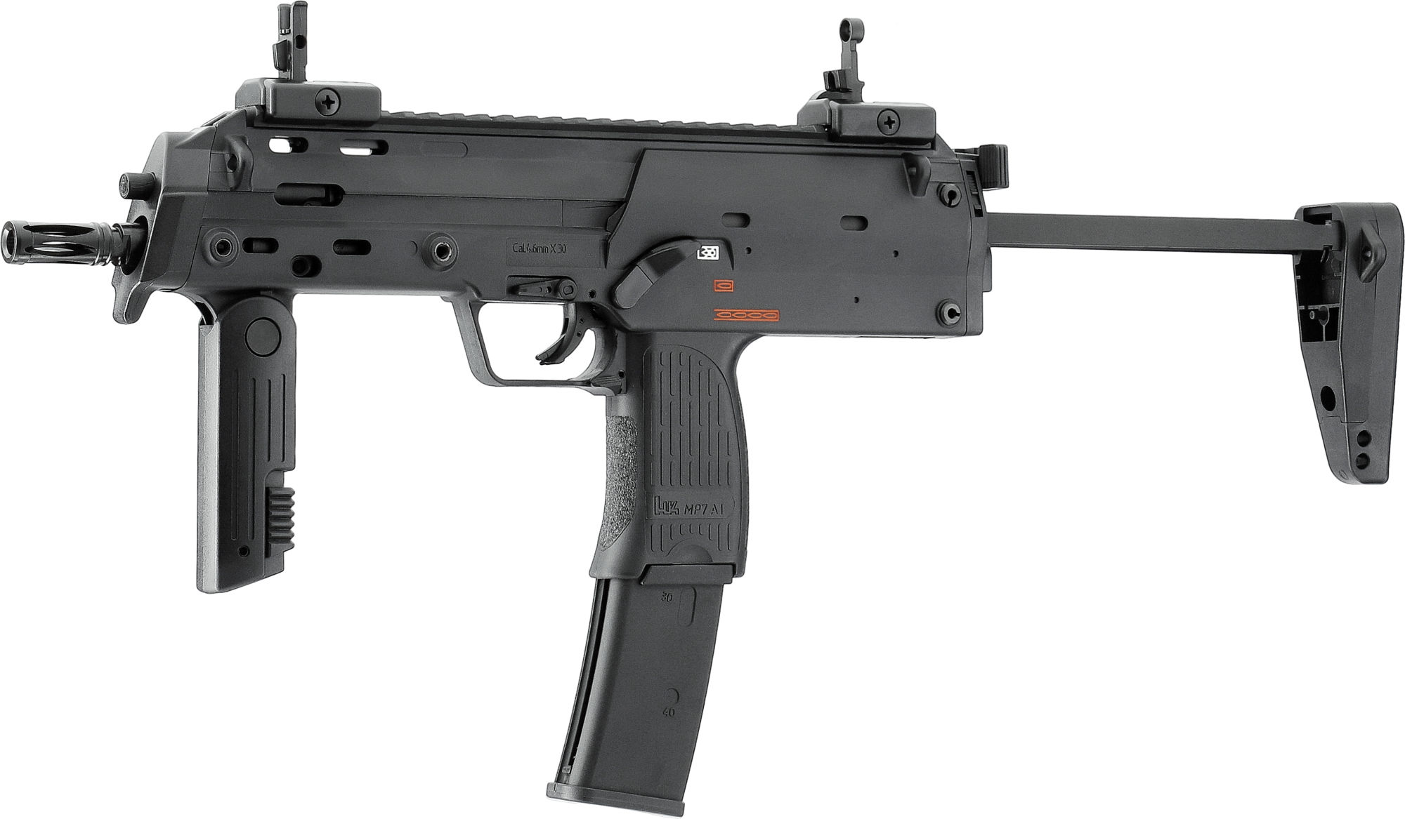 Airsoft MP7 Nachbildung, kompakte Maschinenpistole, schwarz, mit klappbarem Schaft und taktischem Design.