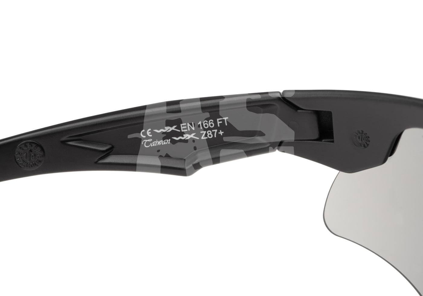 Schwarzer Brillenbügel mit Sicherheitskennzeichnungen, EN 166 FT, Z87+, Taiwan.