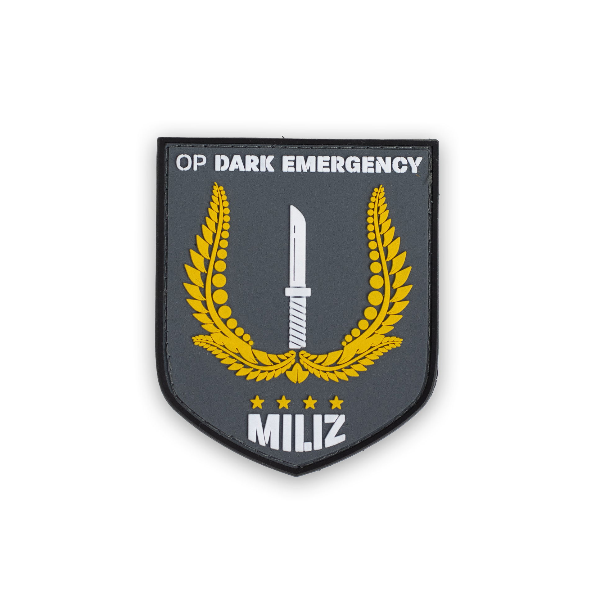 Airsoft-Patch "OP Dark Emergency Miliz" mit Messer und Lorbeerkranz, vier Sterne unten.