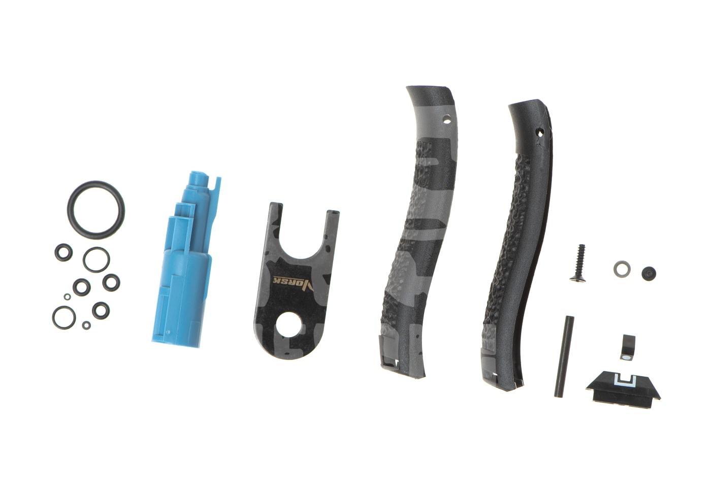 Airsoft Mod-Kit, bestehend aus blauen und schwarzen Teilen, inklusive Werkzeug und Dichtungsringen.