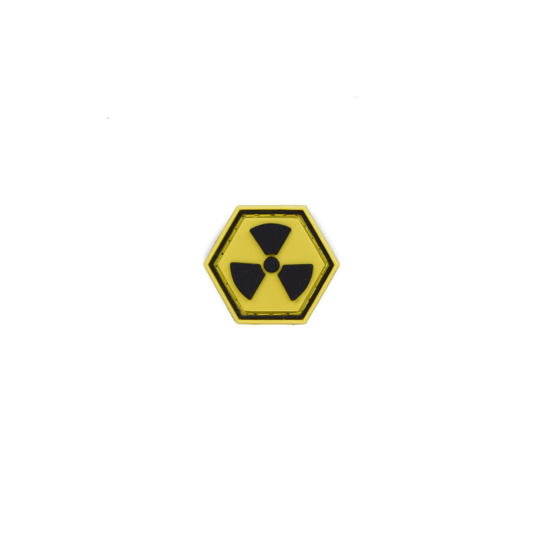 Hexagonaler gelber Patch mit schwarzem Radioaktiv-Symbol für Airsoft.