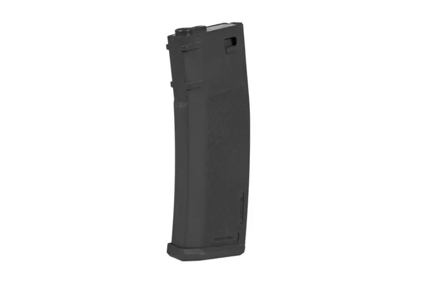 Schwarzes Polymer-Magazin für Airsoft-Gewehre, leicht gekrümmte Form.