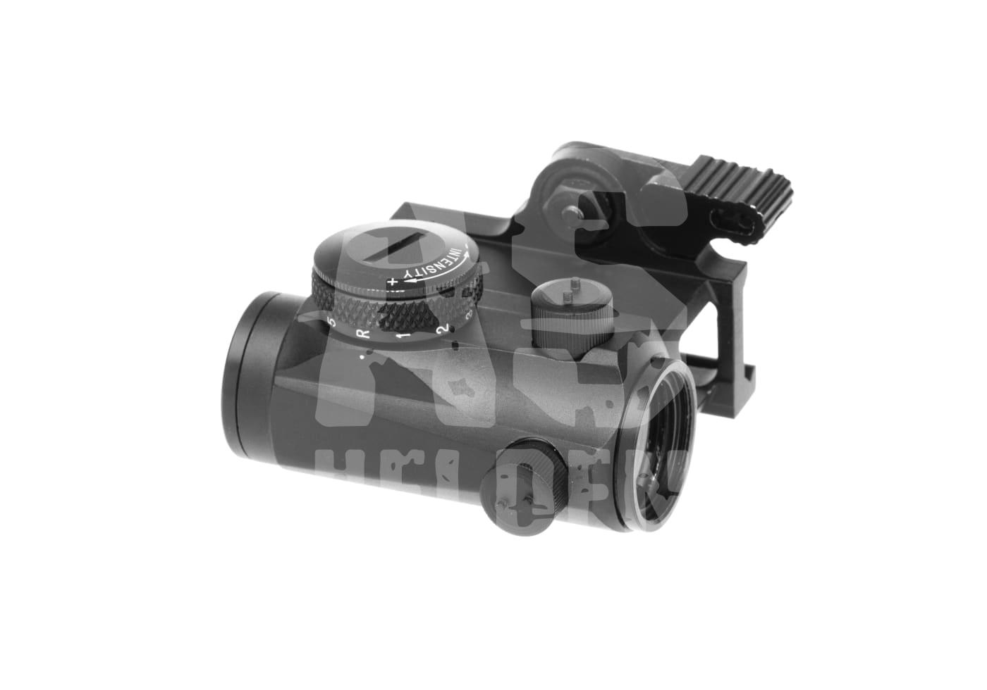 Schwarzes Airsoft-Visier mit Einstellknöpfen und Halterung für präzises Zielen.