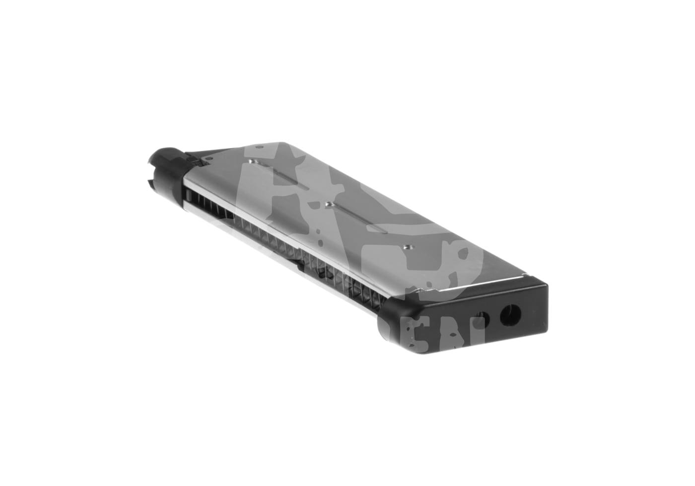 Airsoft-Magazin seitlich liegend, schwarz-graues Camo-Design, für Pistolen.