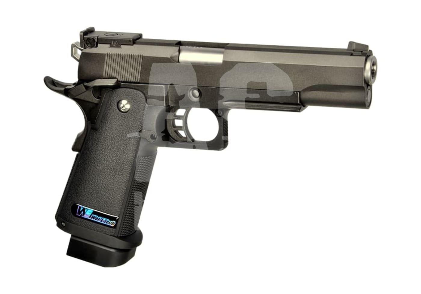WE Hi-Capa 5.1 Full Metal GBB - ab 18 Jahren Schwarze Airsoft-Pistole mit strukturiertem Griff, sichtbarem Abzug und seitlicher Ansicht.