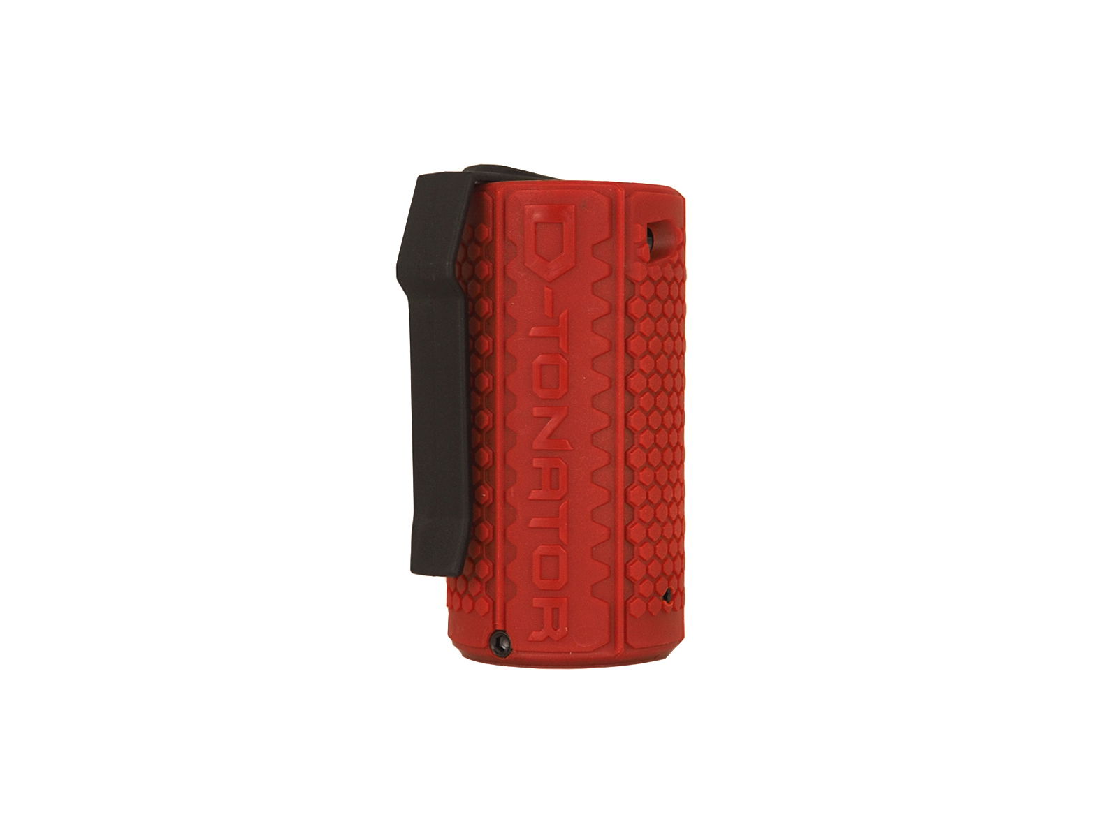 Rote Airsoft-Granate mit schwarzem Clip, hexagonales Muster, seitlich beschriftet.