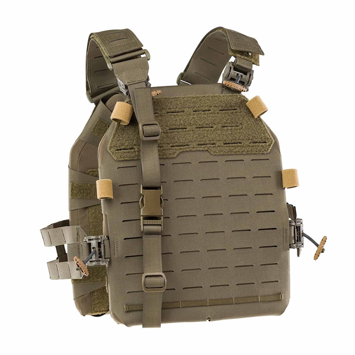 Olivegrüner Plate Carrier mit Lasercut-MOLLE-System und Schnallenverschlüssen für Airsoft-Ausrüstung.