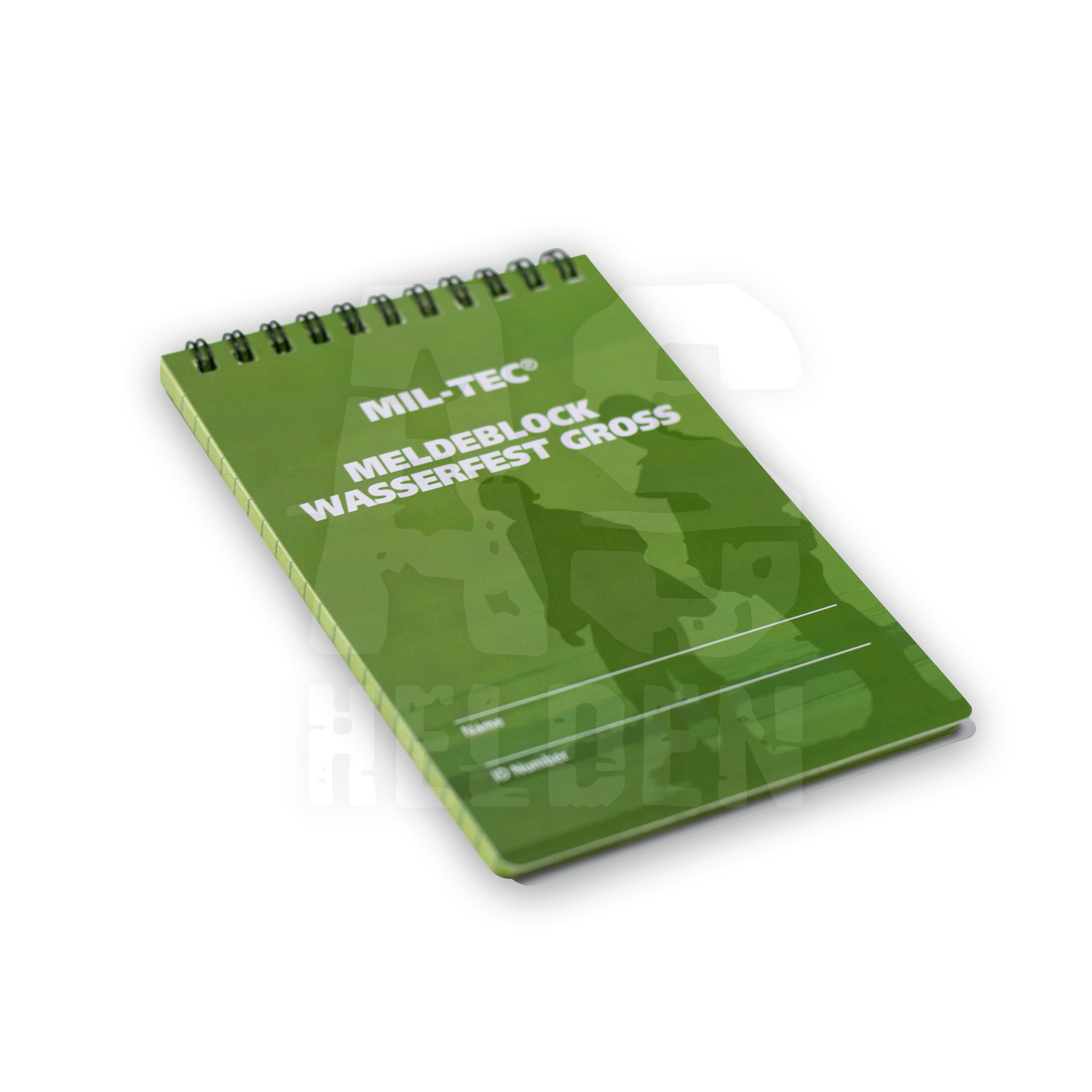 Grüner, wasserfester Mil-Tec Meldeblock, spiralgebunden, für Outdoor-Notizen.